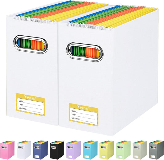 BALEINE File Organizer Box, Cardboard File Folder Organizer with Handle for Letter Size, Portable Collapsible Hanging Filing Box for Home Office Document Storage (2 Pack, White)