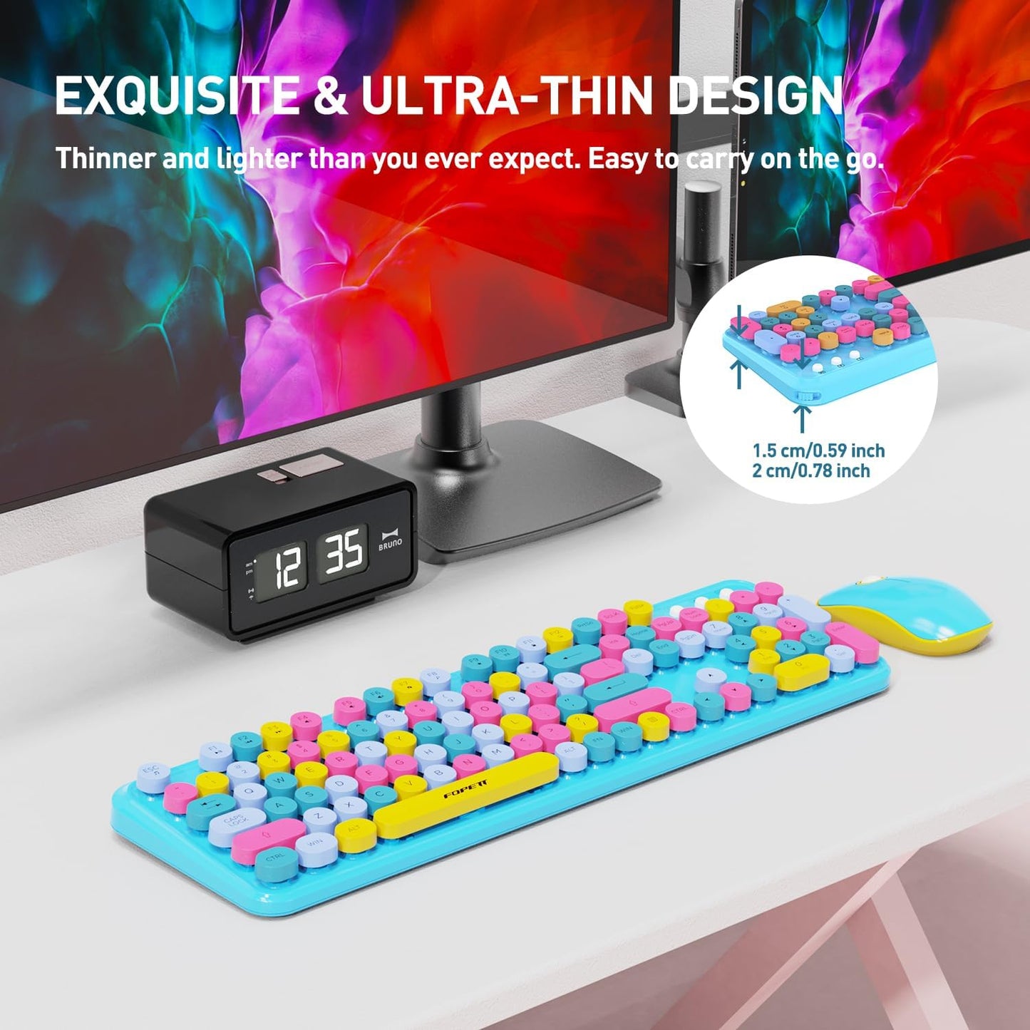 FOPETT 2.4GHz Wireless Keyboard and Mouse Set with Switch Button - Full-Size Keyboard - Compatible for Windows/Laptop/PC/Notebook/Smart TV and More - Blue Colorful