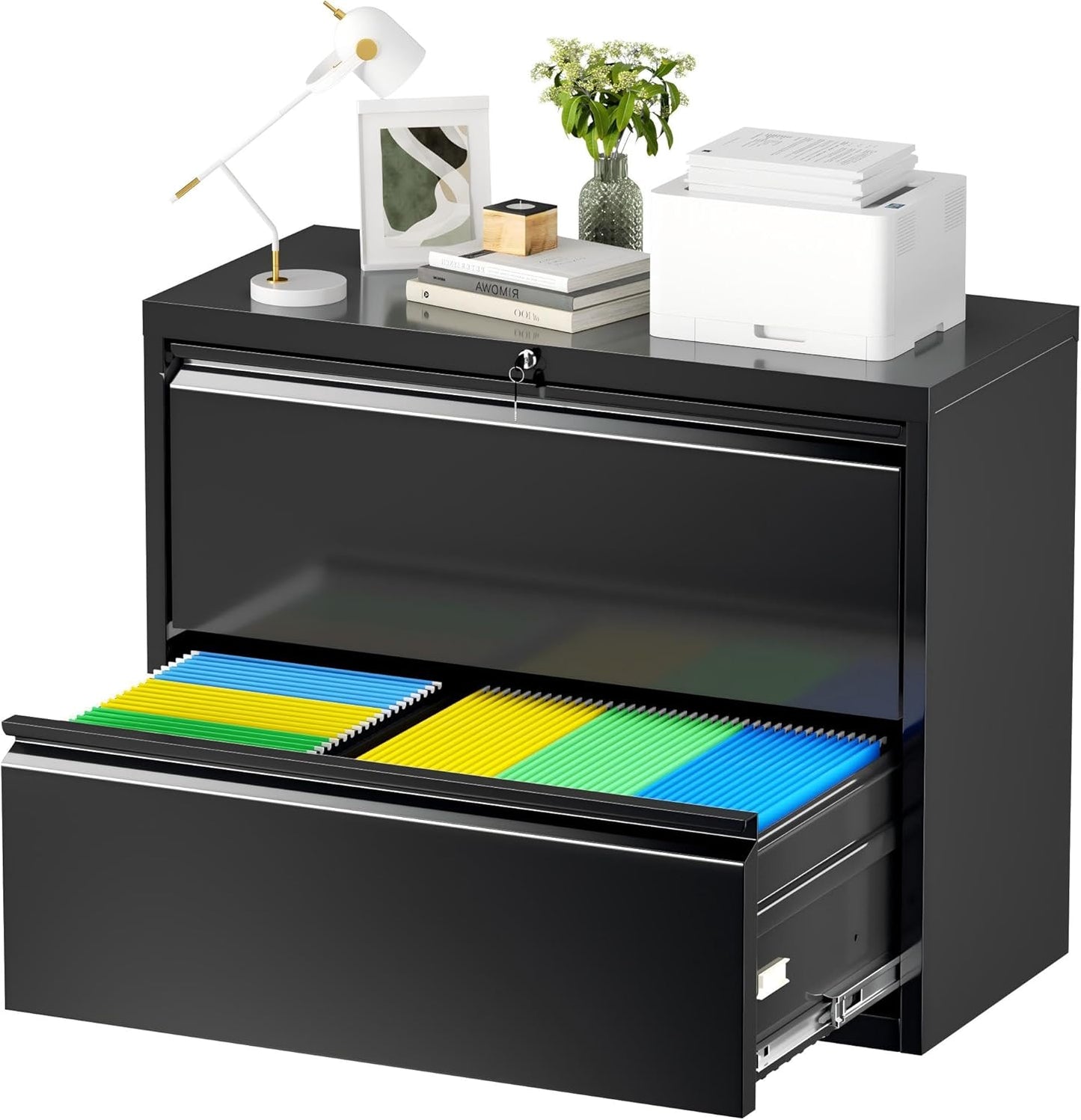 Incbruce Lateral File Cabinet with Lock, 28" W 2 Drawer Filing cabinets for Home Office Home, Office, Fit A4/F4/Letter/Legal File, Under Desk Filing Cabinet (Black)