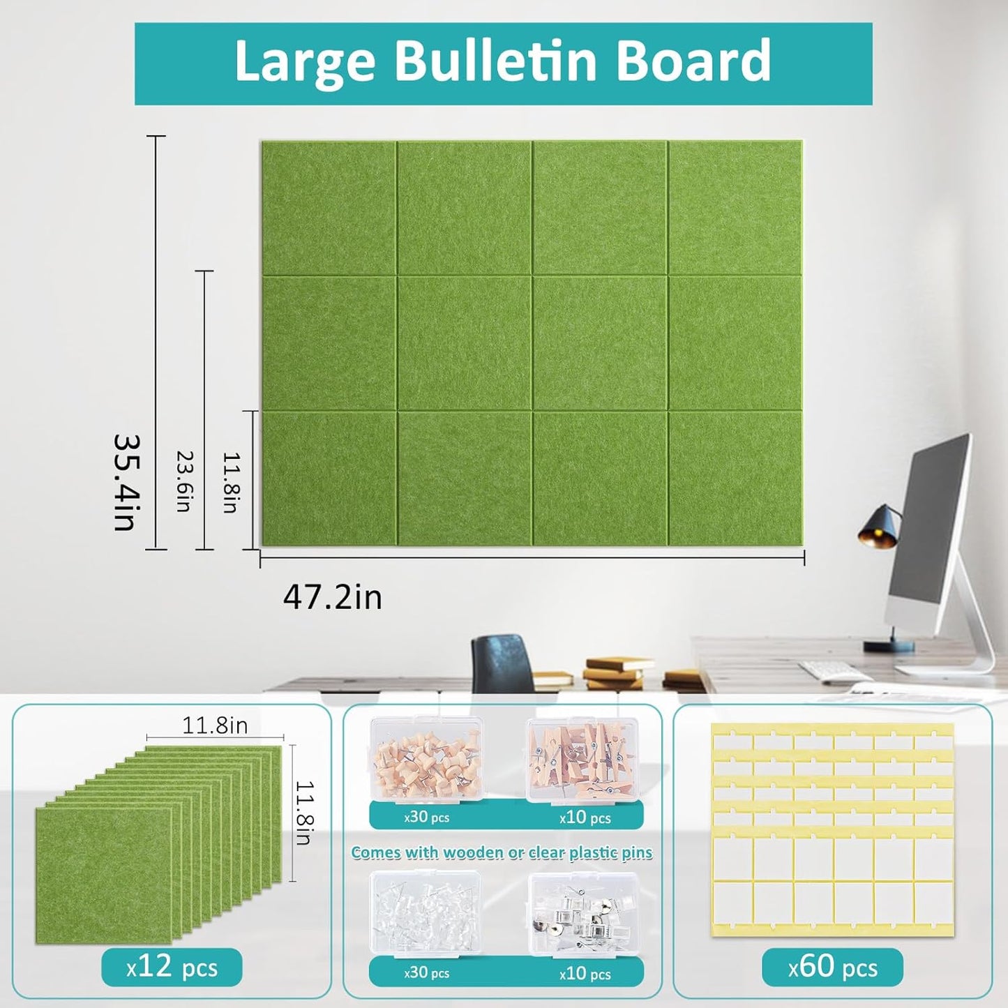 Large Cork Board for Walls 48" x 36" - Green Bulletin Board - 12 Pack Felt Wall Tiles with Safe Removable Adhesive Tabs - Corkboard for Office School Home Decor - Sage Green