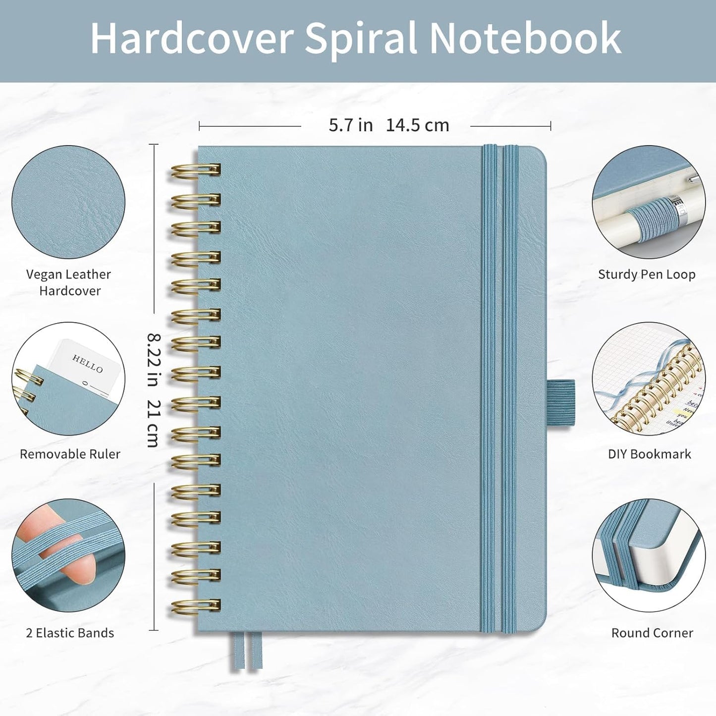 EMSHOI Spiral Graph Paper Notebook - 300 Pages, 100 GSM Thick Grid Notebook, A5 Small Hardcover Leather Journal for Women Men Writing Engineering Graphing, 5.7" x 8.22", Gray Blue