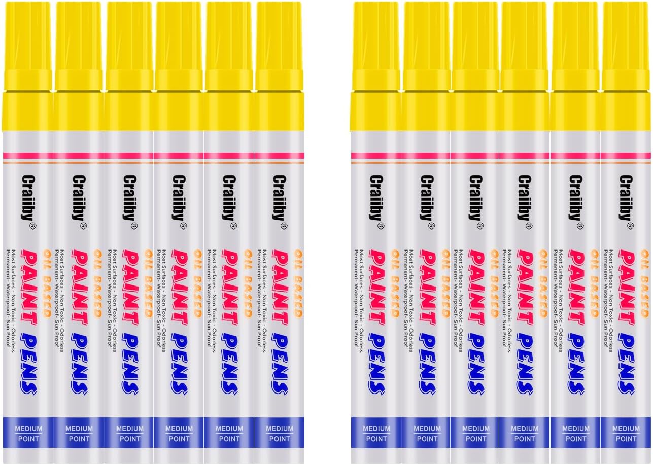 Yellow Paint Markers, 12 Pack Oil-Based Waterproof Quick Dry Permanent Paint Pen Set for Rocks Painting, Wood, Fabric, Plastic, Canvas, Glass, Mugs, Metal, Tire, Stone, DIY Craft