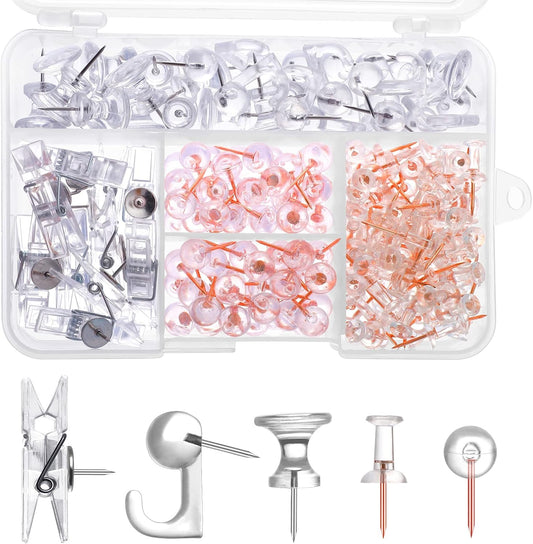 200 Pieces Push Pins Set, 5 Types Clear Thumb Tacks Push Pins for Wall Cork Board Bulletin Boards with Storage Box