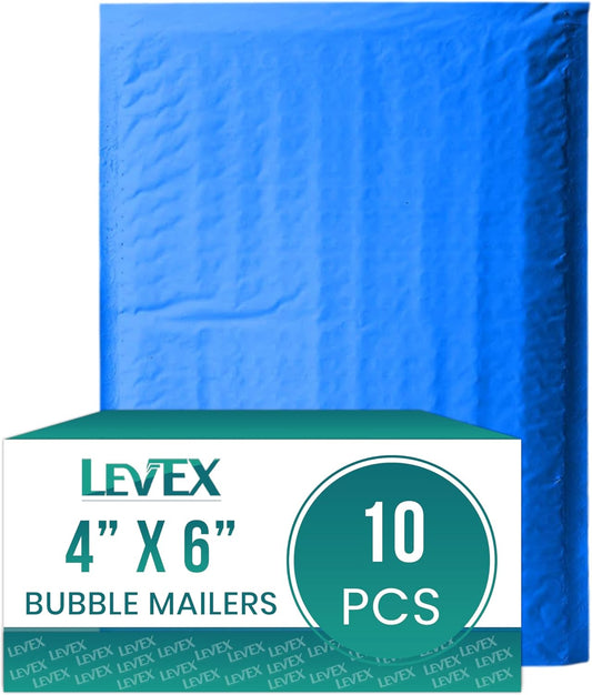 Levex - #0000 4" x 6" [10 Pack] Blue Poly Bubble Mailers, Padded Envelope Mailers, Packing Envelope & Mailing Bags for Shipping