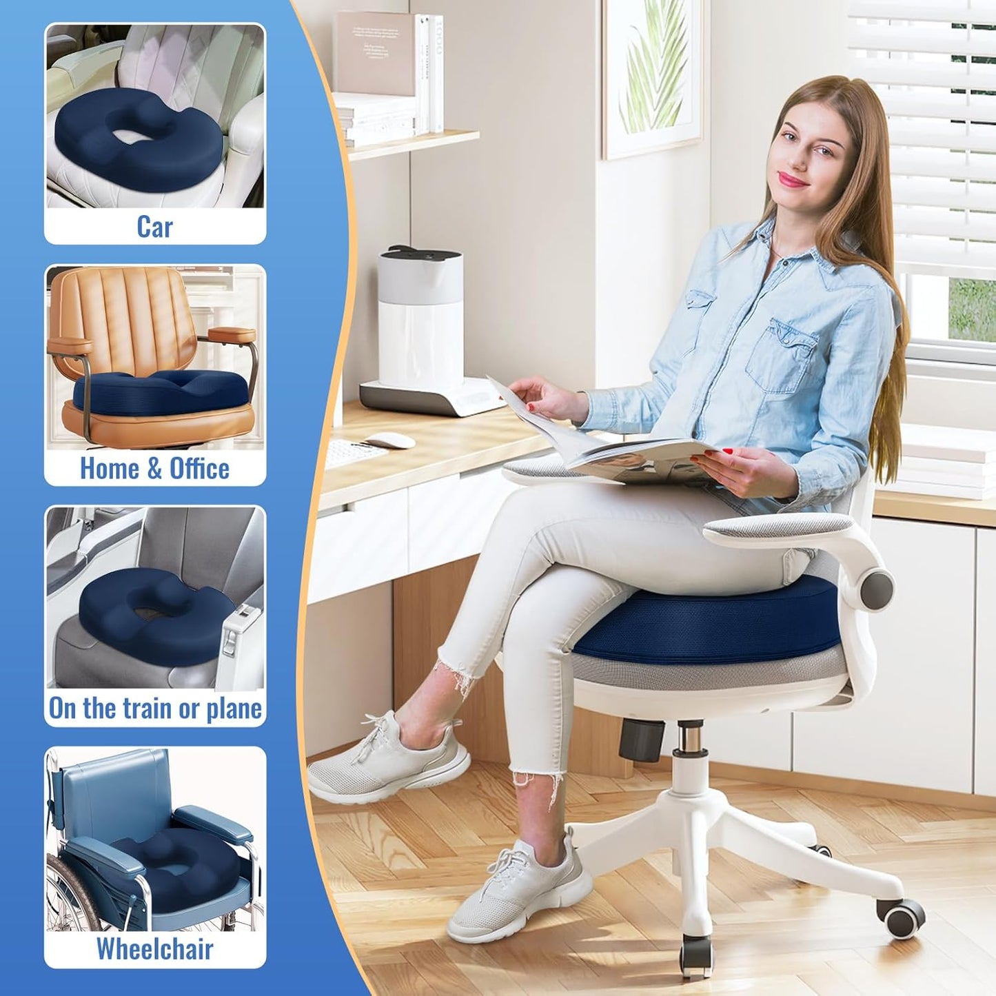 CloudBliss Donut Pillow Seat Cushion for Tailbone Pain Relief and Hemorrhoids, Memory Foam Chair Cushion for Postpartum Pregnancy, Seat Cushions for Men and Women for Home & Office, (Blue)