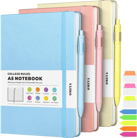Lined Journal Notebook, 3 Pack A5 College Ruled Notebooks for Work, Hardcover Notebook Each with 2 Pockets & Pen, Leather Journal for Women, Men, 160 Pages, 100GSM Thick Paper (Sky Blue, Pink, Ivory)