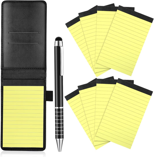 Outus 10 Pcs Pocket Notebook with Pen Set Included Mini Pocket Notepad Holder with 50 Lined Sheets, Metal Pen, 8 Pcs 3 x 5 Inch Memo Book Refills, 30 Lined Paper Per Note Pad (Black, Yellow)