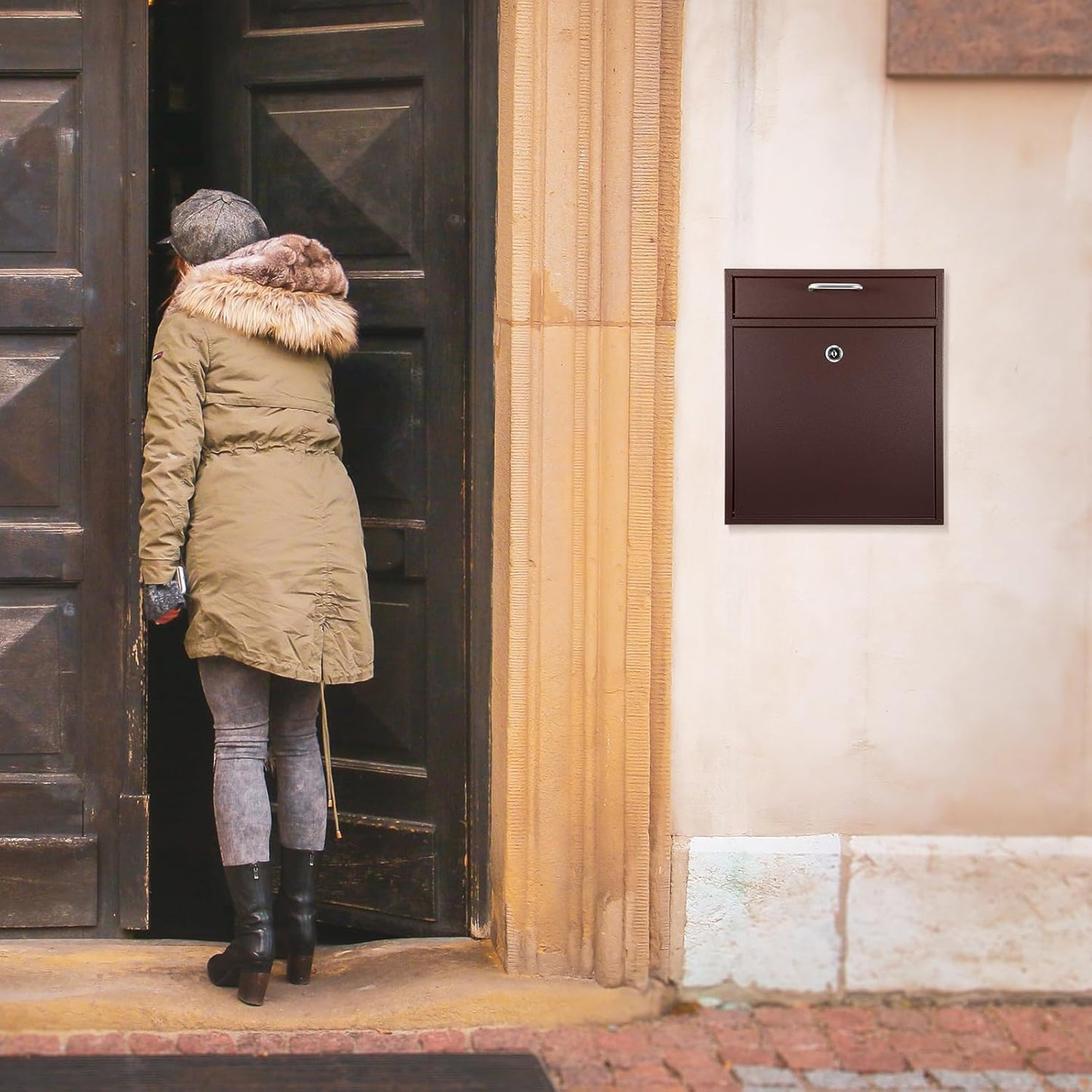 Locking Mailbox with Key for Outdoor 12 x 10.5 x 4.7 Inches Large Wall Mount Mail Box with Lock Security Mail Drop Metal Collection Boxes Hanging Secure Postbox(Brown)