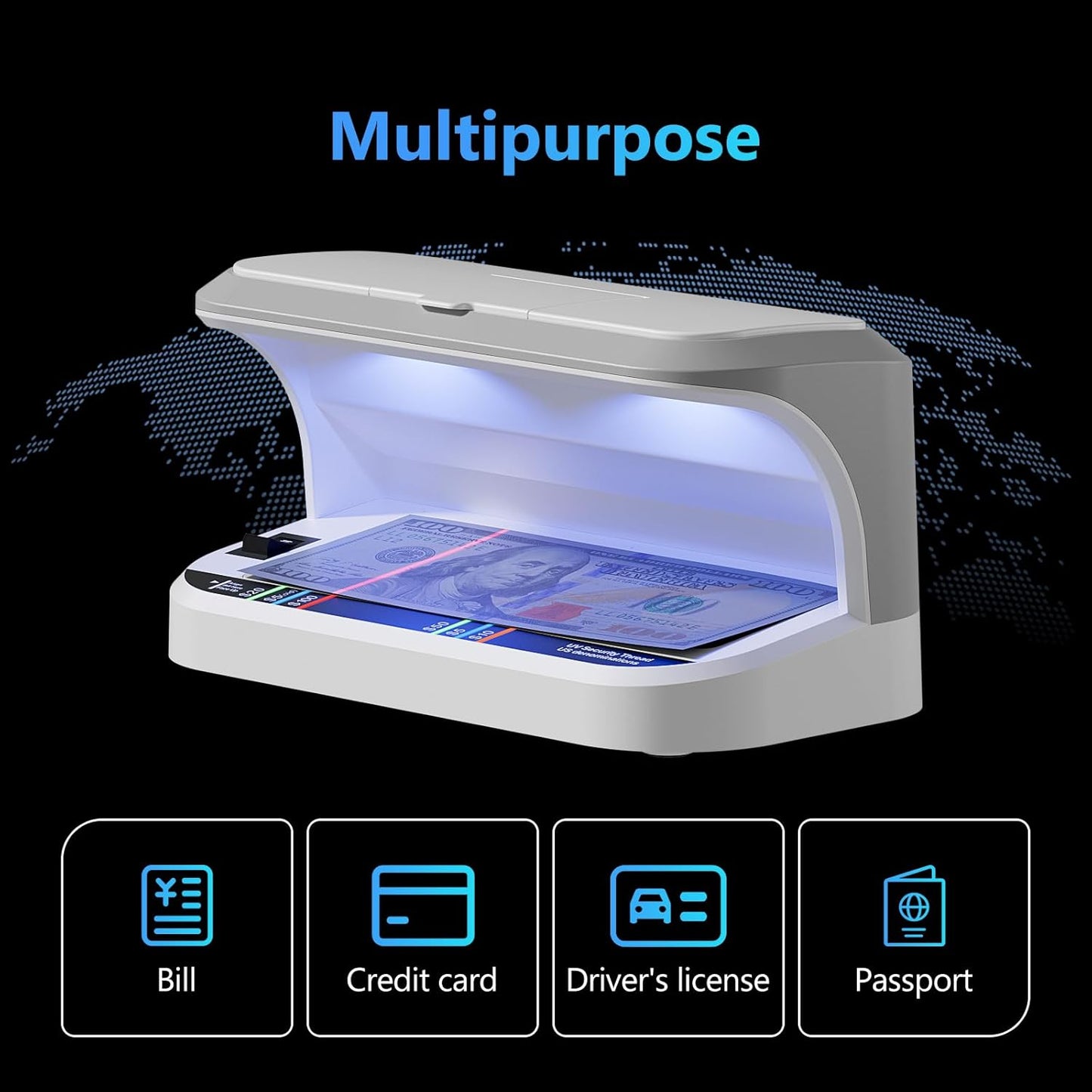 Portable Counterfeit Bill Detector with 8X Magnifying, 2 LED UV Light, Large Watermark Area for Money, IDs and Credit Cards