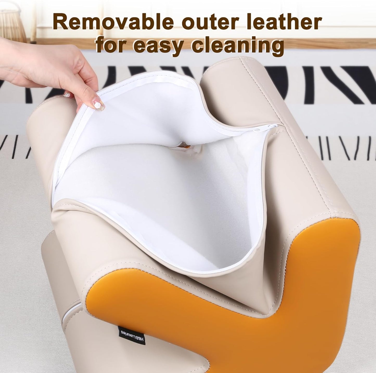 H&B Luxuries Ottoman, Foot Stool with Creative Shape, Napa Leather Ottomans, Removable Outer Foot Rest, No Assembly Required, Ottoman for Living Room, Bedroom, Entrance, White Yellow