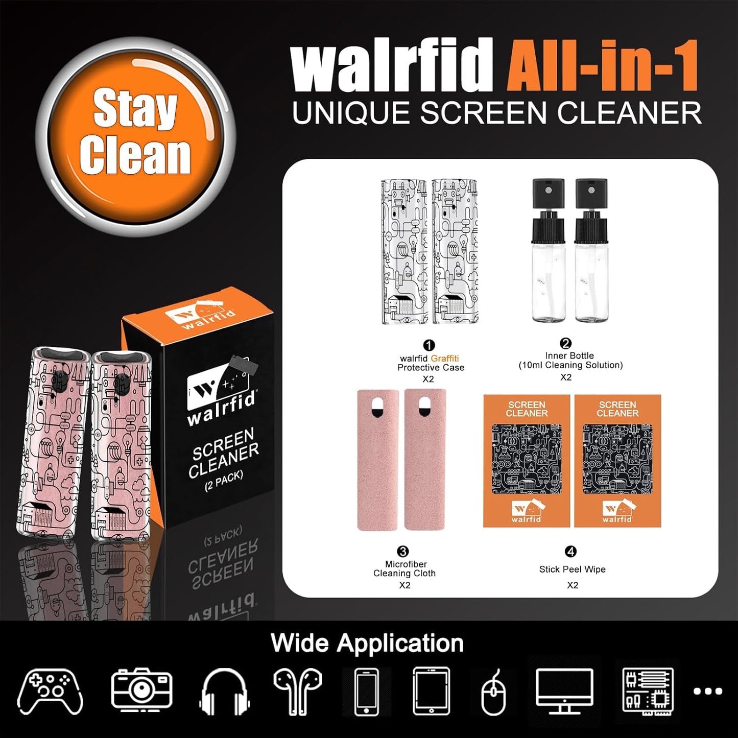 walrfid 2pcs Car Screen Cleaner, Computer Screen Cleaner Spray and Wipe, Laptop Cleaning Mist Kit for Electronic iPad, iPhone, Phone, MacBook, TV, Monitor, Tablet Display, with Graffiti Case, Pink