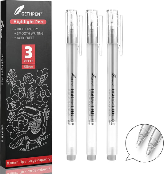 Silver Gel Pens, 0.8mm Fine Point Gel Ink Pen Set for Artists – Opaque Archival Ink for Black Paper Drawing, Card Making, Journaling Pack of 3