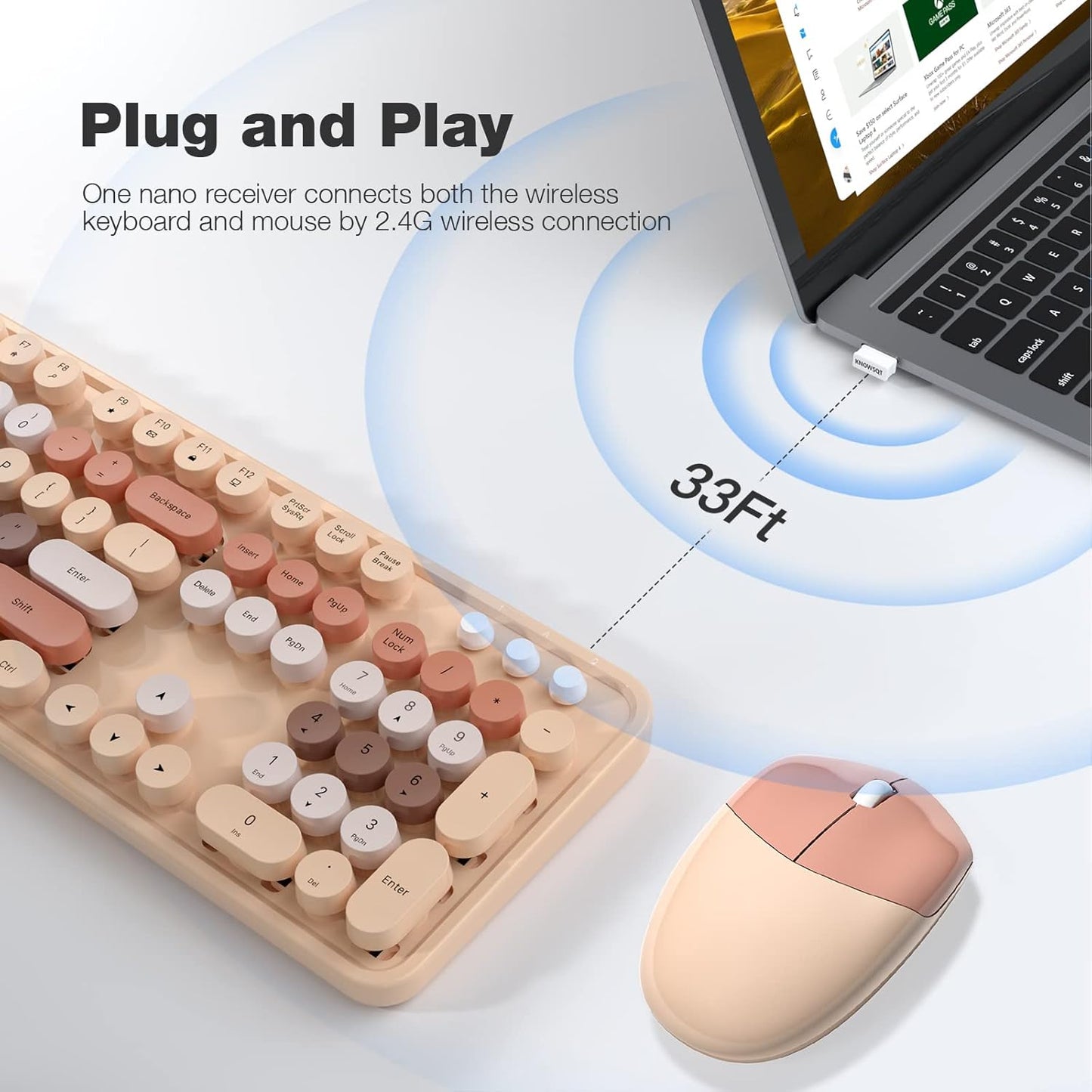 Wireless Keyboard and Mouse, 2.4Ghz USB Retro Full Size Typewriter Keyboard and Sport Car Mouse Combo for Mac, Windows 7/8/10, Laptop, Desktop, PC, Computer (Milk Tea Colorful)