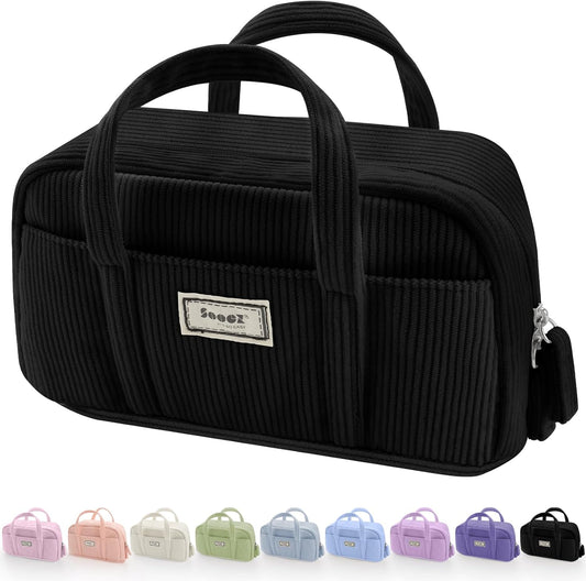 Sooez Large Pencil Case Pouch, Extra Big Pencil Bag with 5 Compartments, Pen Bag Wide Opening, Soft Corduroy Pencil Pouch Organizer with Zipper, Cute Aesthetic School Supplies for Teen Girls-Black