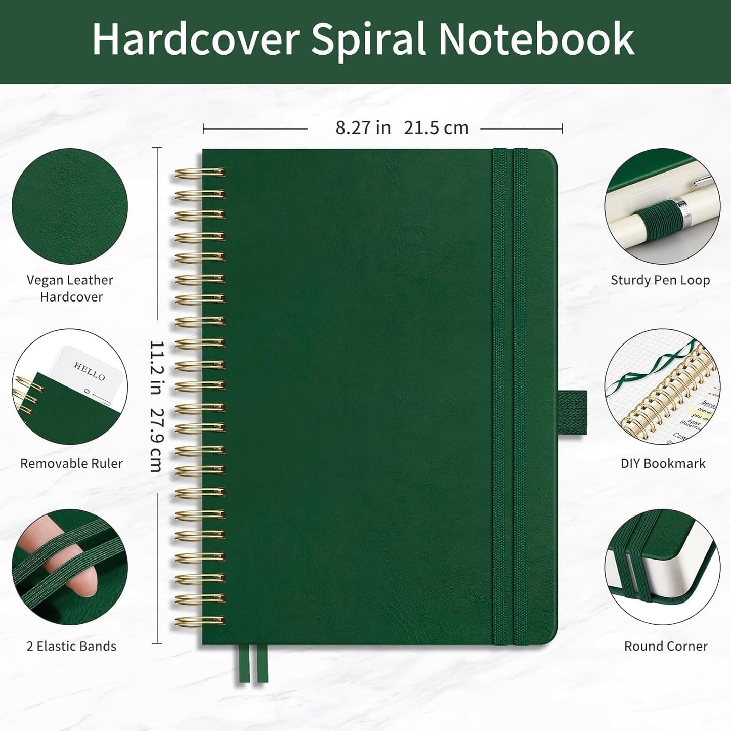 EMSHOI Spiral Graph Paper Notebook - 300 Pages, 100 GSM Thick Grid Notebook, A4 Large Hardcover Leather Journal for Women Men Work School Writing Engineering Graphing, 8.27" x 11.2", Dark Green
