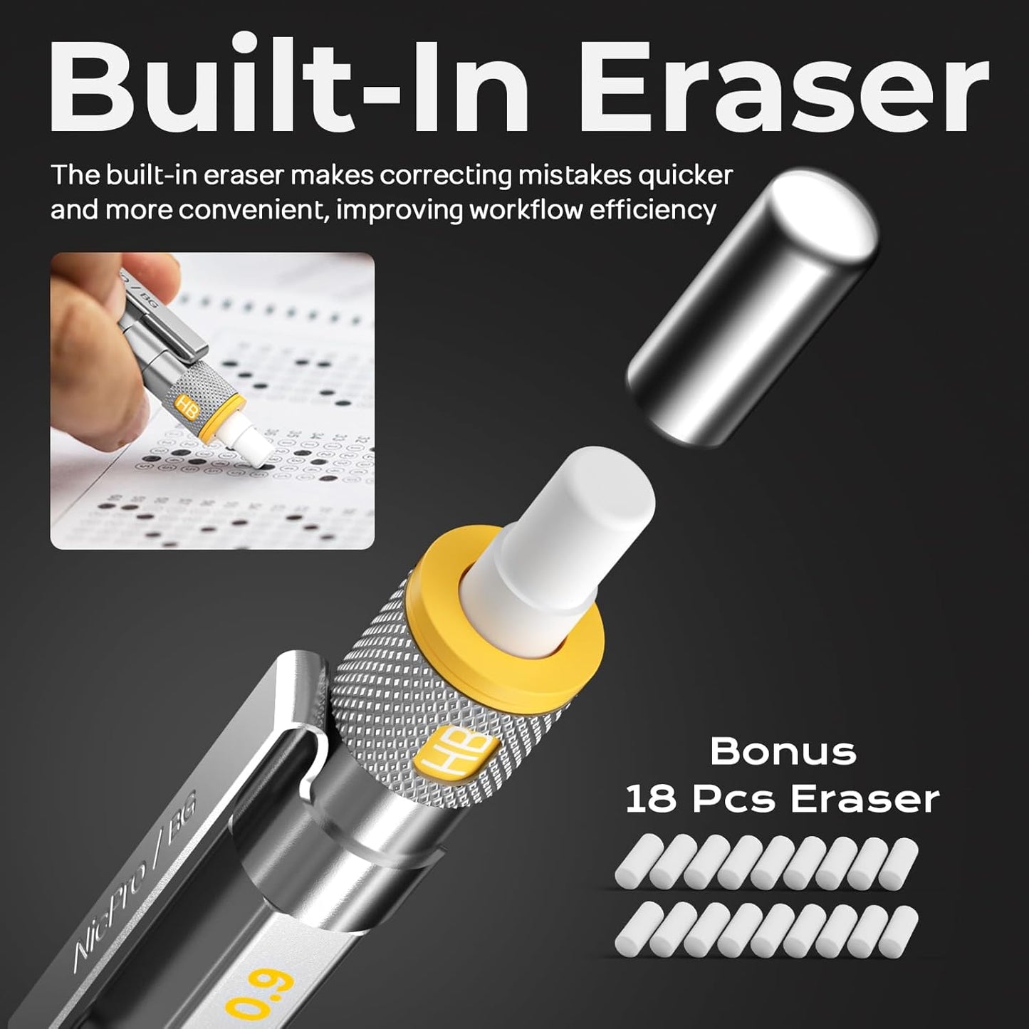 Nicpro Blocky Gear 0.9 mm Mechanical Pencils Set in Case, 3 Pack Metal Pencil 8 Tube with Lead Refills 0.9mm (HB 2B), 3 Erasers for Professional & Adult Art Writing Drafting Drawing