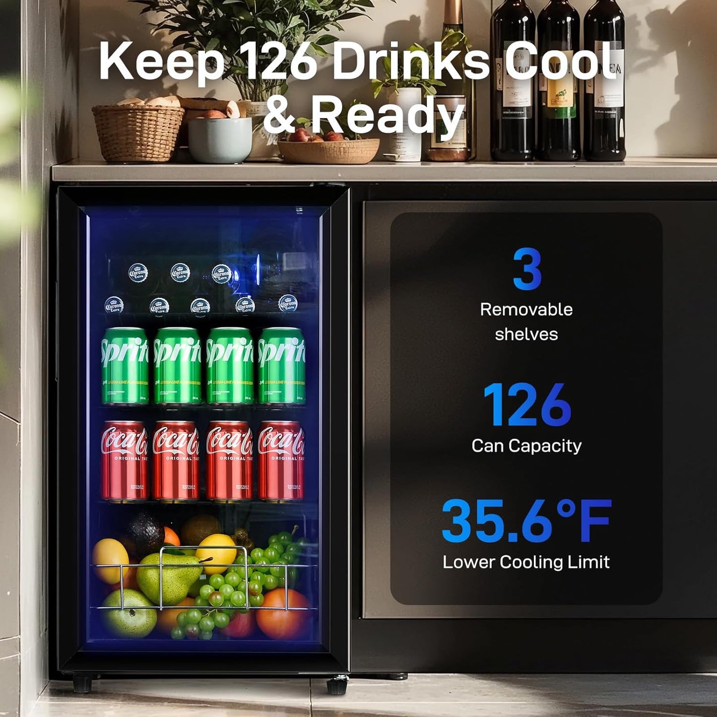 2.6 Cu.Ft Beverage Refrigerator and Cooler, Fridge with Tempered Glass Door, 126 Cans Wine Drink Beer Fridge for Office Bedroom Bar, 7 Level Temperatures, Adjustable Shelves
