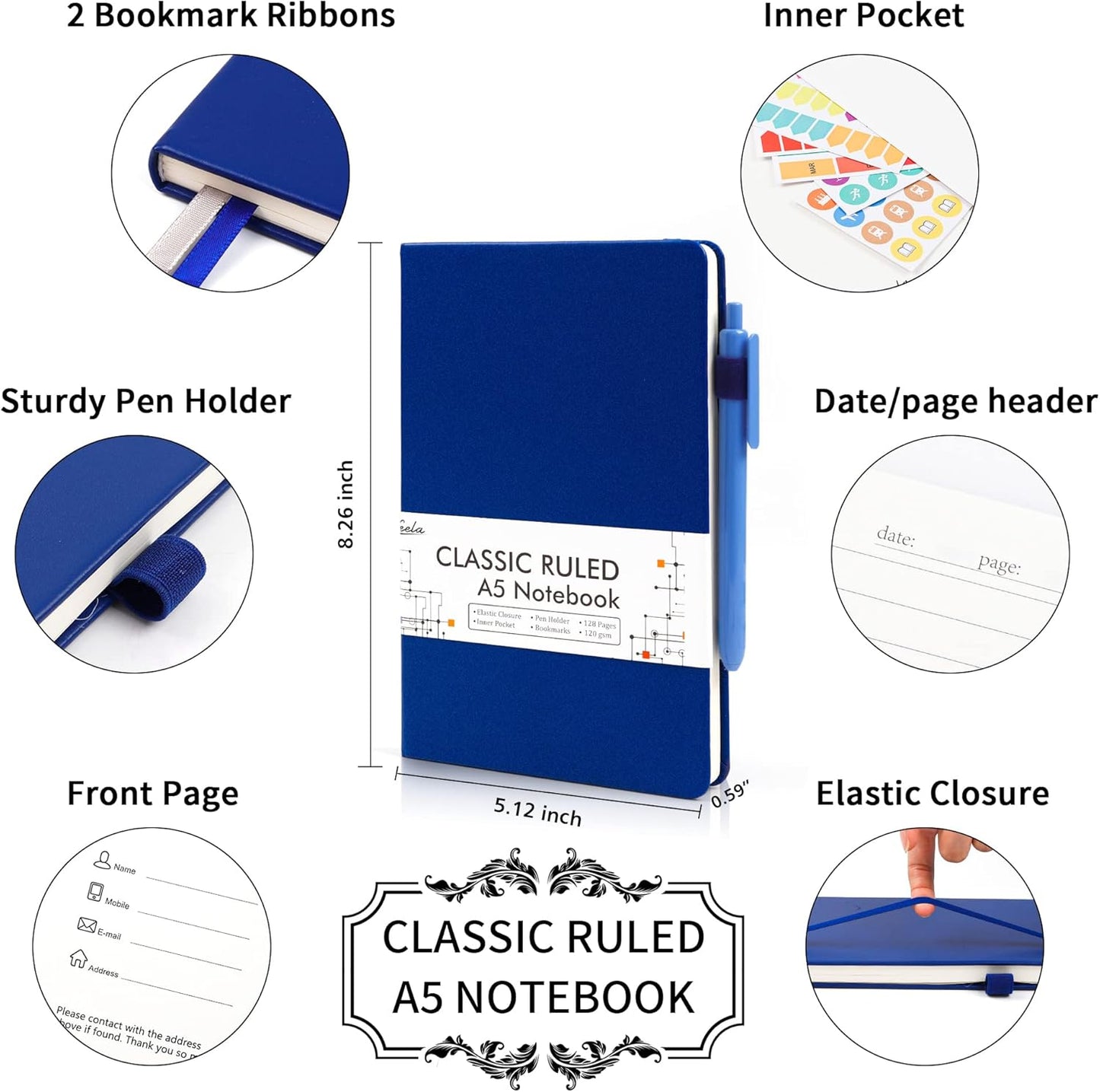 12 Pack Notebooks Journals Bulk with 12 Black Pens, Feela A5 Hardcover Notebook Classic Ruled Journal Set with Pen Holder for School Business Work Travel Writing, 120 GSM, 5.1”x8.3”, Navy