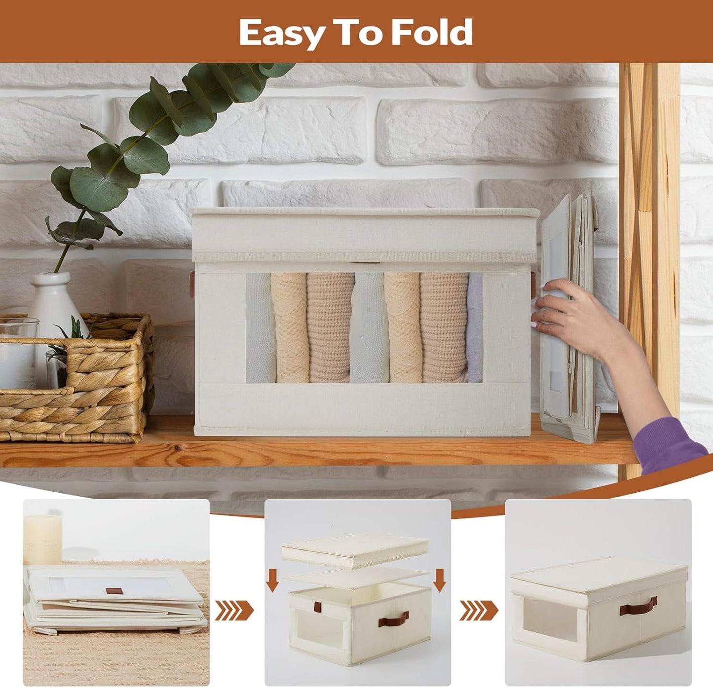 Fabric Storage Bins with Lids, Collapsible Closet Organizer with Sturdy Handles, Clear View Window, Stackable Storage Baskets for Clothes, Towels, Books, Hand Pull Closet Organizer Boxes-2-Pack, Beige