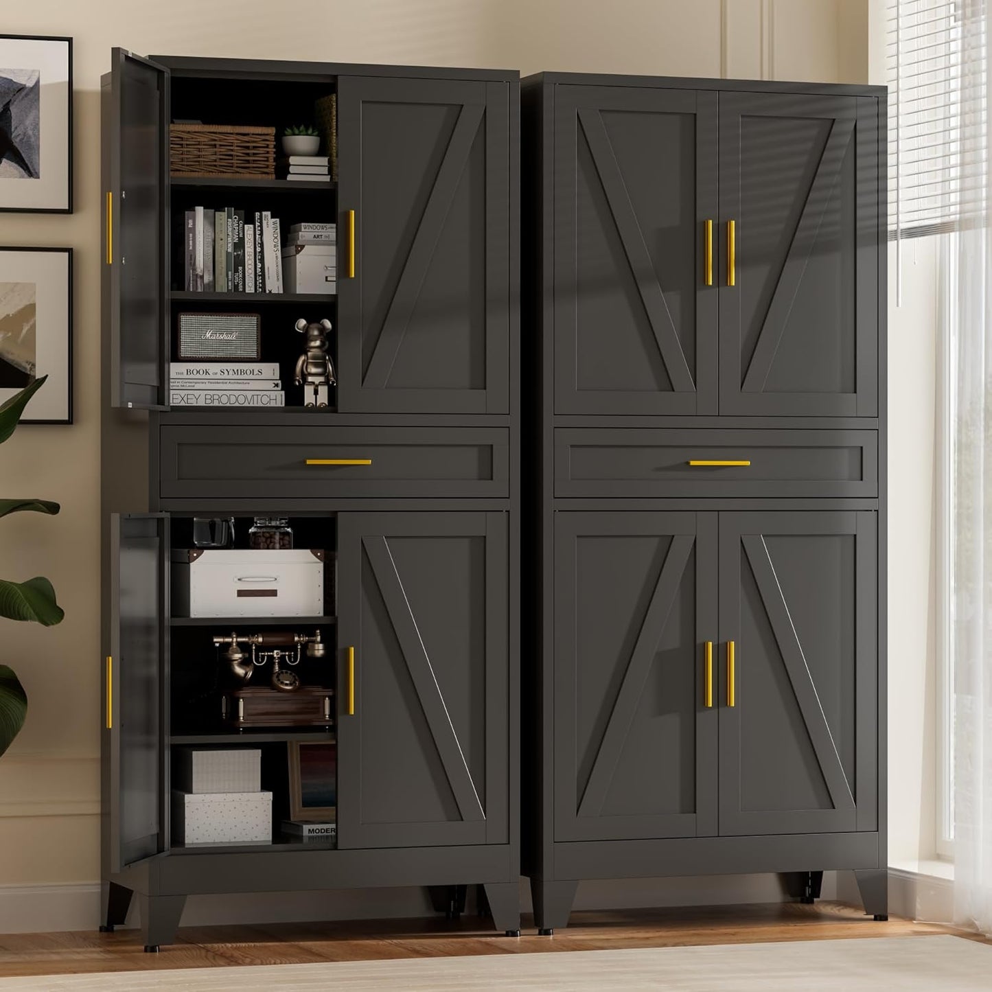71" Tall Metal Storage Cabinet with Drawer and Adjustable Shelves,Farmhouse Kitchen Pantry Storage Cabinet with Doors,Large Wide Cabinets for Craft Room,Office,Dining Room,Bathroom(Black)