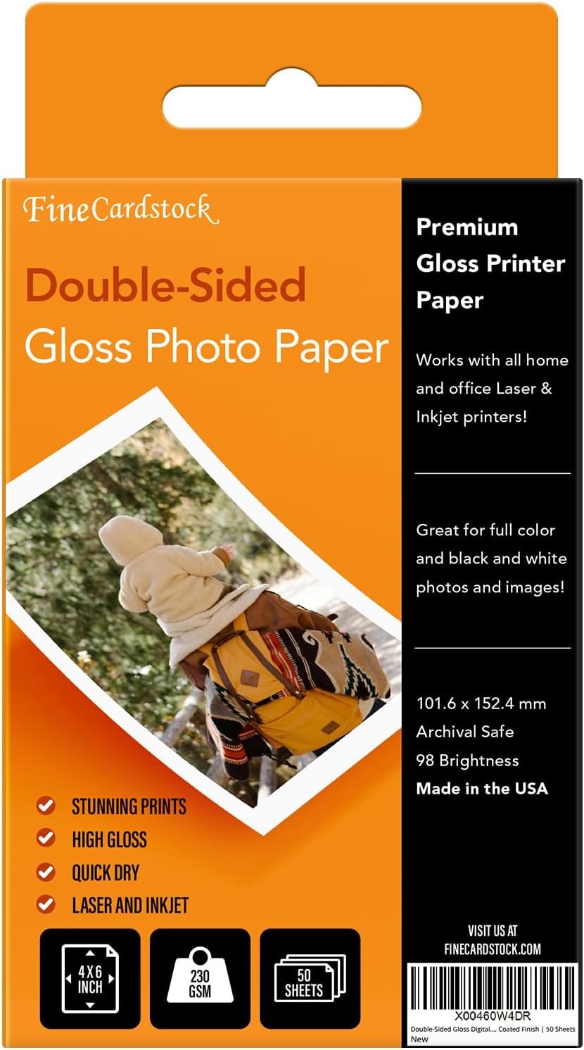 4" x 6" Photo Paper for Inkjet & Laser Printers - Extra Thick, High Gloss for Full Color Printing - Premium White Glossy, Instant Dry Paper for Everyday Pictures, Albums - 50 Sheets per Pack