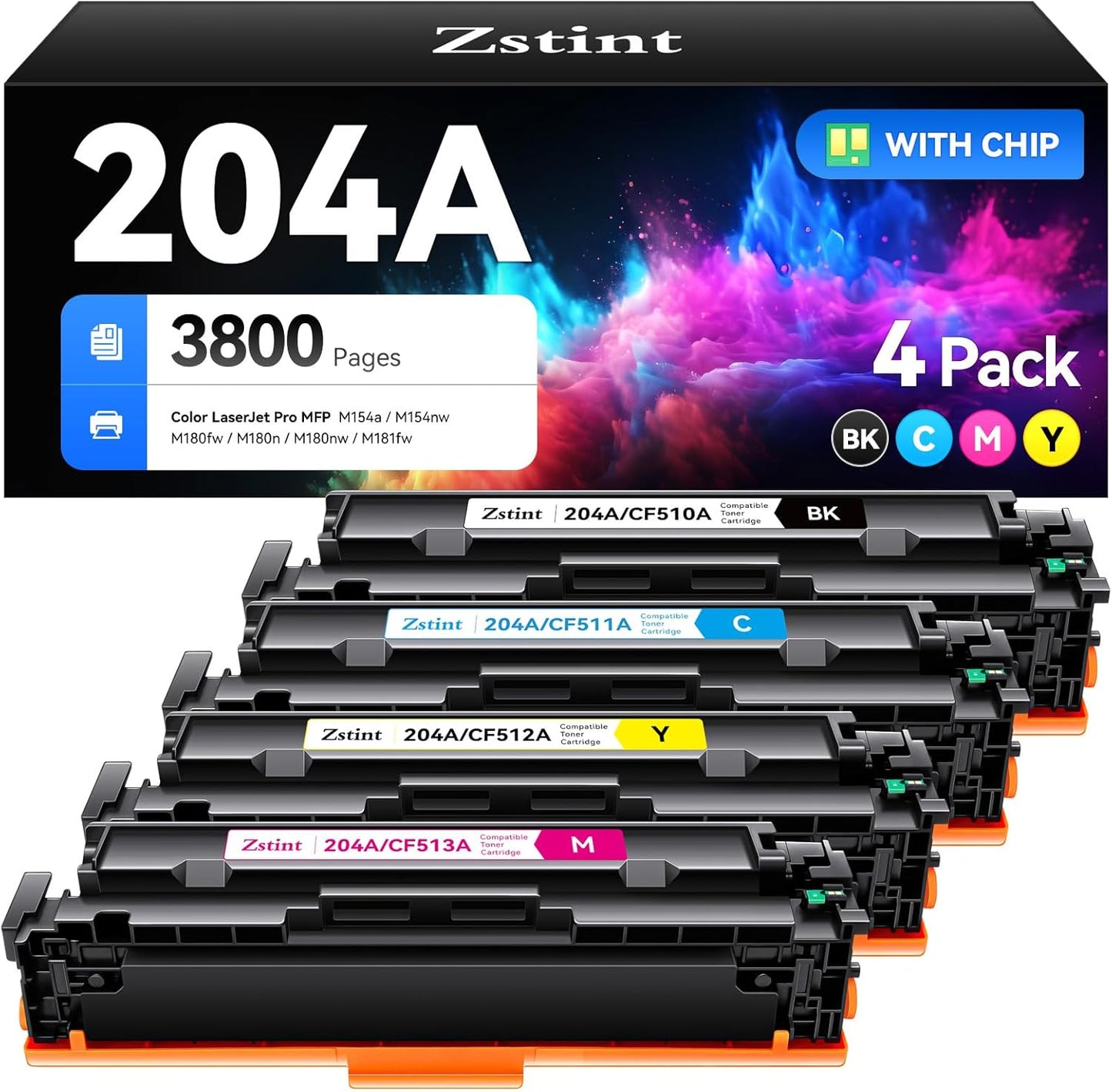 204A Toner Cartridge Set 4-Pack Replacement for HP 204A 204X CF510A CF511A CF512A CF513A Compatible HP Color Laserjet Pro MFP M180fw M180n M180nw M181fw M154a M154nw M154 M180 M181 Printer Ink Black