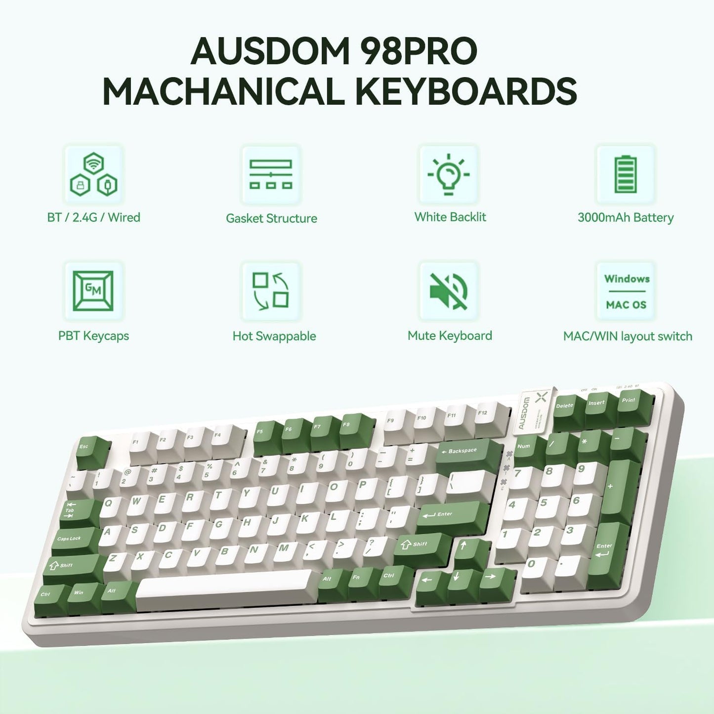 AUSDOM 98Pro Silent Mechanical Keyboard, Wireless Hot Swappable Gaming Keyboard with Backlit,Gasket Structure,Pre-lubed Tactile Switches,2.4GHz/Type-C/Bluetooth Custom Keyboards (Green & White-Silent)