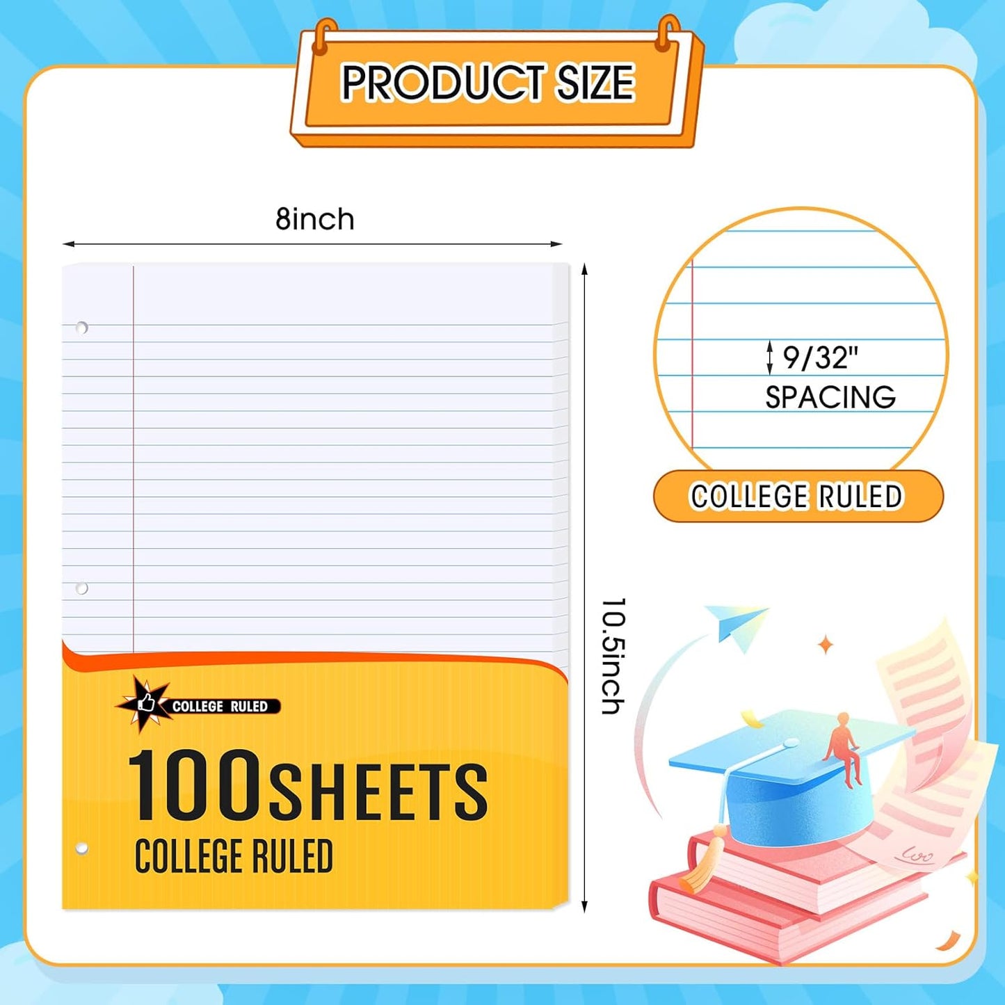 Fainne 20 Pack Notebook Paper Bulk College Ruled 8 x 10.5'' College Ruled Loose Leaf Paper Bulk Notebook Paper Lined Filler for 3 Ring Binders for College School Classroom 100 Sheets Per Pack