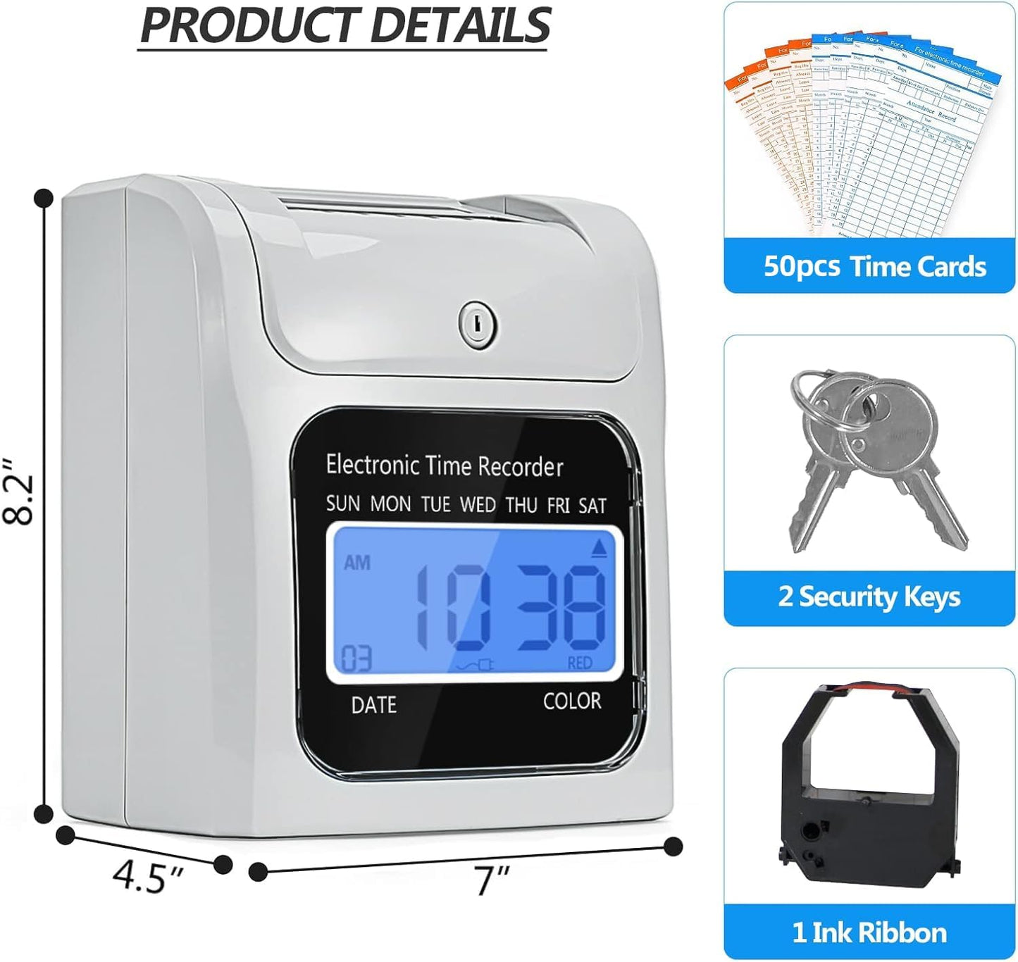 Employee Time Clocks for Small Business, Auto-Align Time Clock Punch Machine with 50-Piece Time Cards, Two Security Keys, and One Ink Ribbon Cartridge
