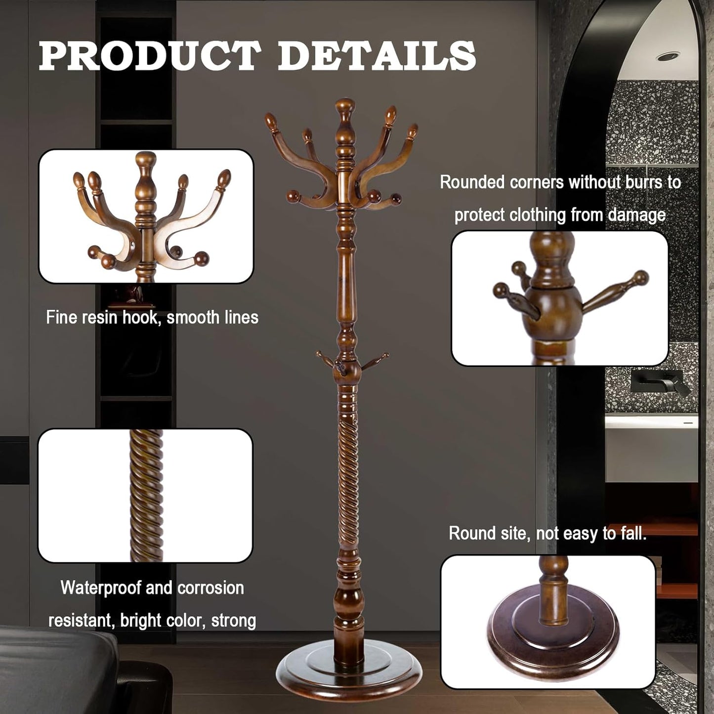 Coat Racks FreeStanding with 11 Hooks, Natural Wood Coat Rack with Solid Round Base, Adjustable Height Coat Racks, Easy Assembly for Hallway, Bedroom and Office (Walnut-Solid Round Base)