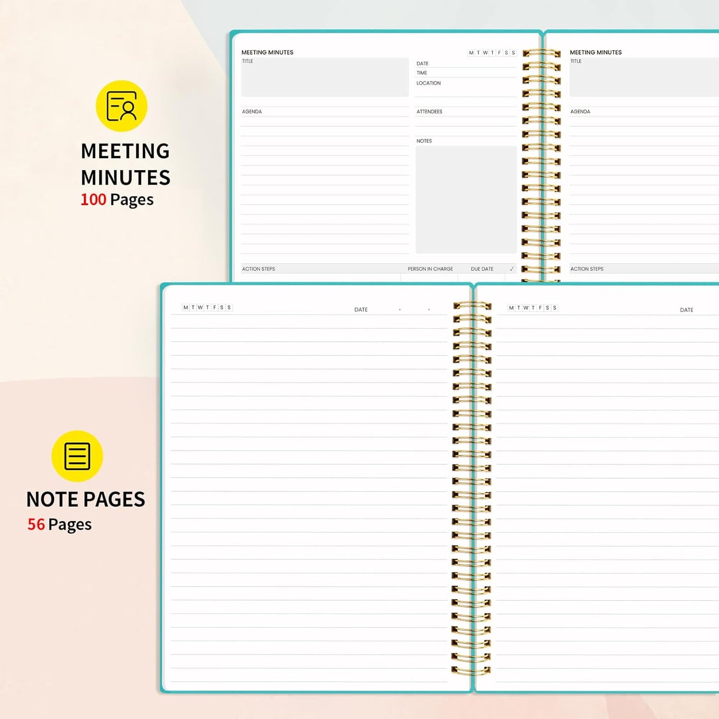 SUNEE Meeting Notebook for Work with Action Items - 160 Pages, B5 Size Project Planner, Spiral Meeting Agenda/Minutes Notebook Organizer for Women Men, Note Taking, Office & Business, 7.5"x10", Teal