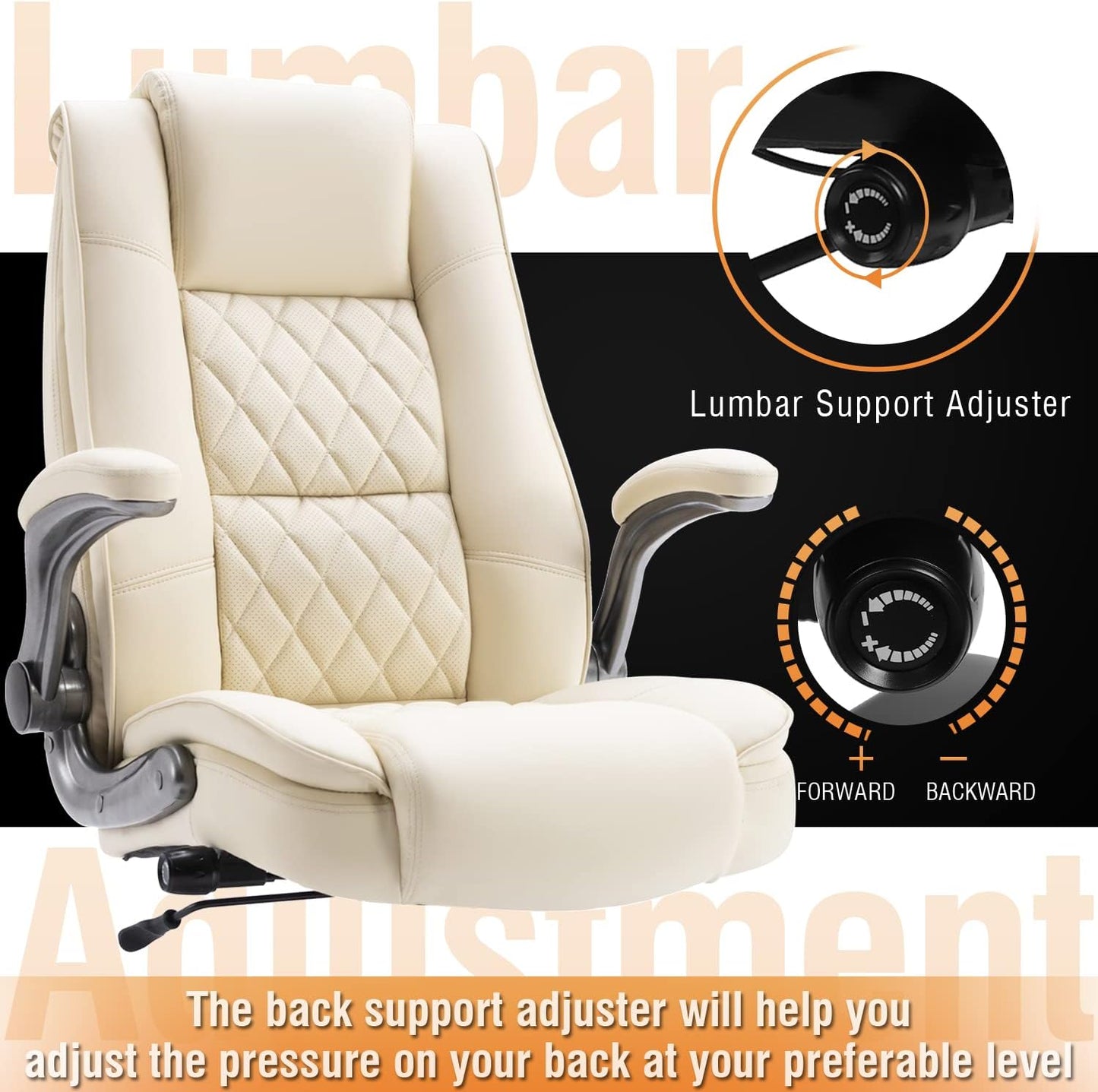 EZAKI High Back Office Chair-Flip-up Arms Executive Computer Desk Chair, Built-in Lumbar Support Thick Padded Adjustable Rock Tension Ergonomic Design for Back Pain (Beige)