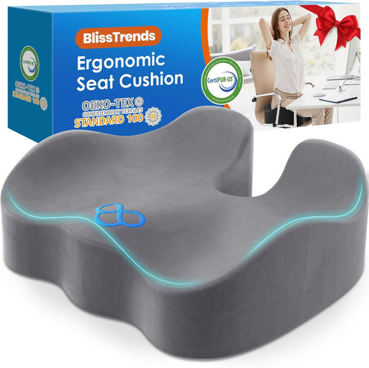 BlissTrends Seat Cushion,Thick Memory Foam Cushions for Office Chair, Car Seat, Airplane, Relieving Pressure Tailbone Sciatica Back Pain for Office Workers, Car Drivers 4.7in Thick LightGrey