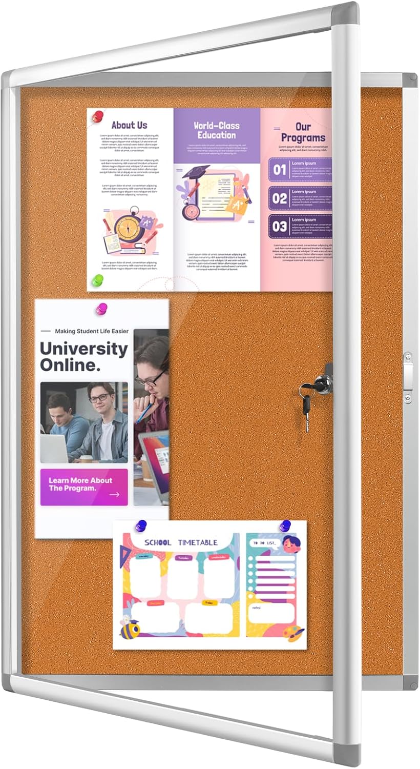 Outdoor Enclosed Bulletin Board, Weatherproof Cork Noticeboard with Clear Acrylic Locking Door, Wall-Mounted Silver Aluminum Framed Display Case,36x24in (5xA4)