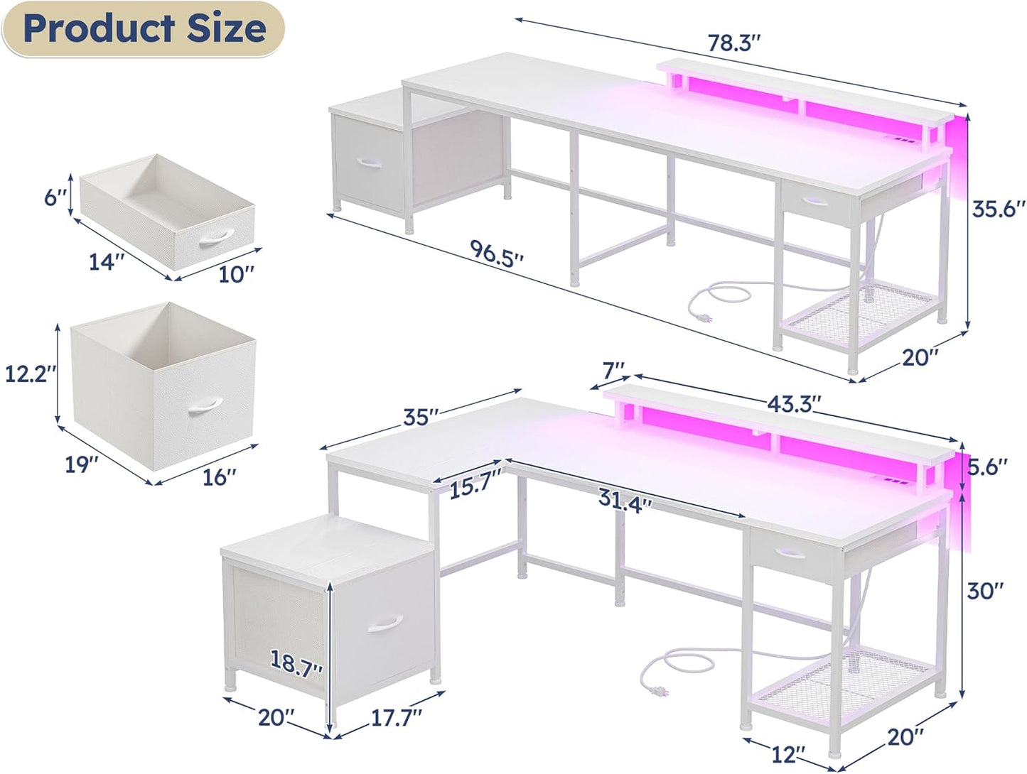 L Shaped Computer Desk with Drawers, Gaming Desk with LED Lights & Monitor Shelf, Office Desks with Power Outlets, Corner Desks for Home Office, Study Room and Bedroom, White