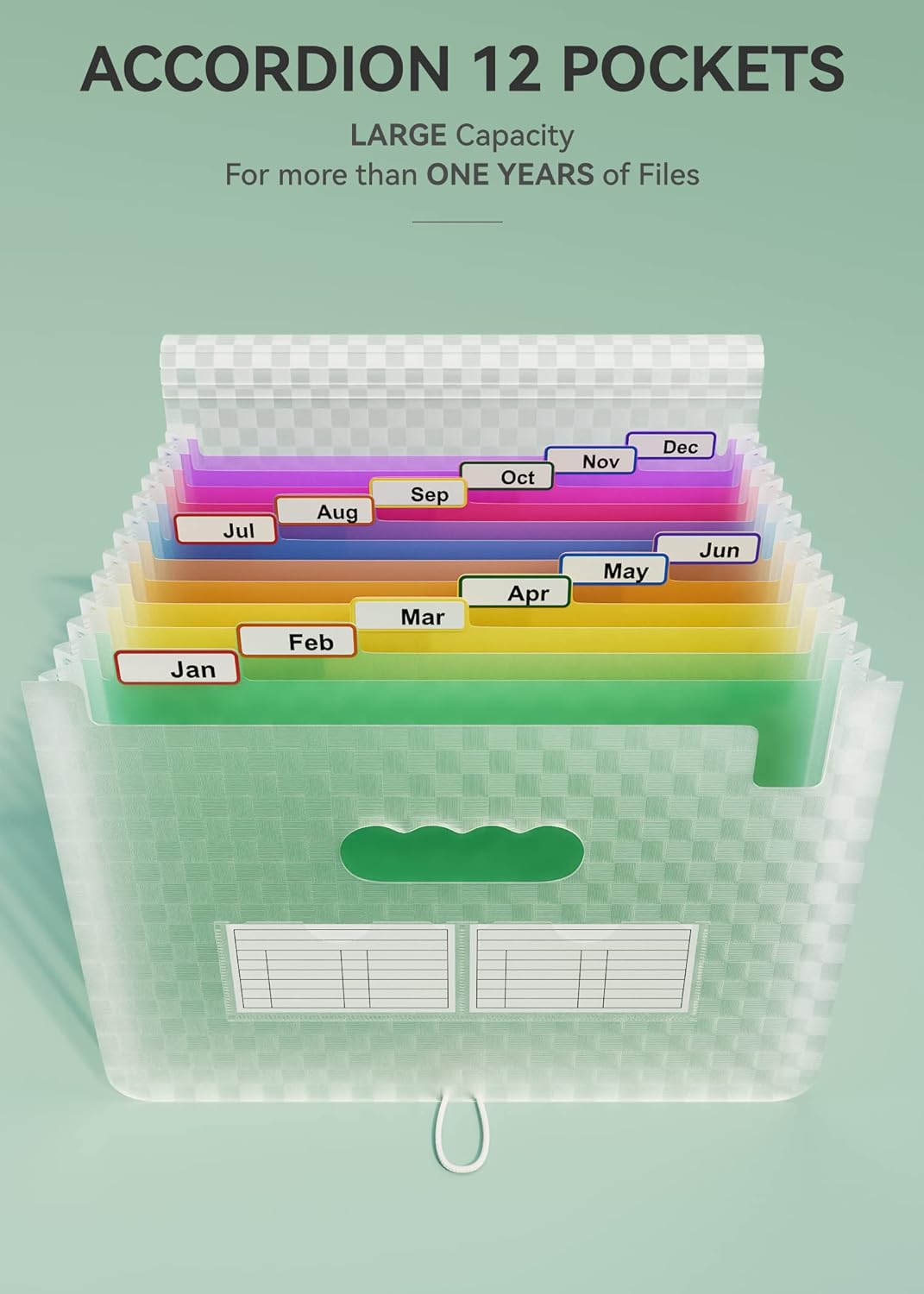 ABC life 12 Pockets Accordion File Organizer Expanding File Folders, Portable Monthly Bill Receipt Document Organizer, Expandable Accordian Filing Folder Letter A4 Size, Colored Tabs (Green)