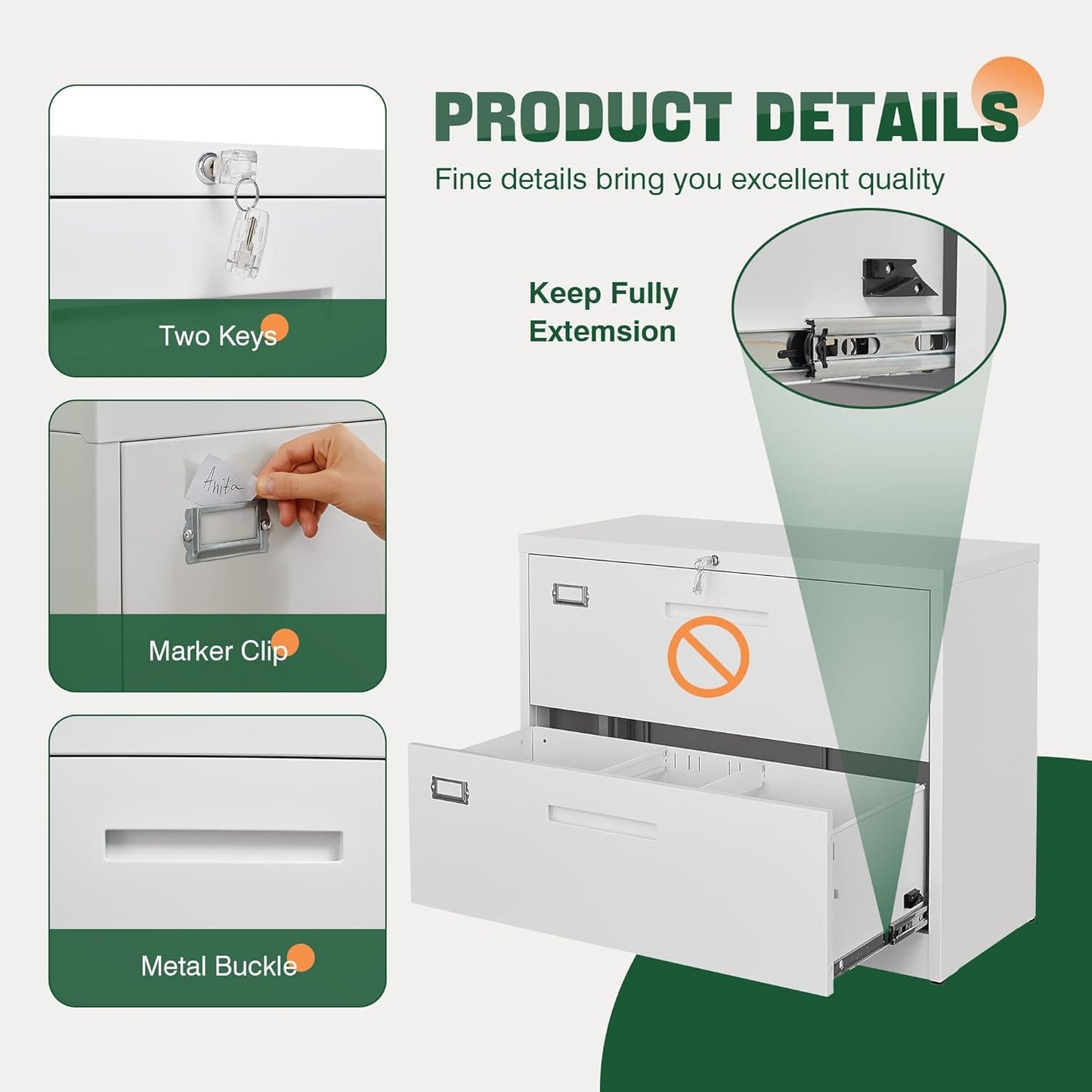 Letaya 2 Drawer Metal Filing Organization Office Cabinets with Lock,Lateral File Cabinets for Home Office Hanging Files Letter/Legal/F4/A4 Size (2 Drawer-White)