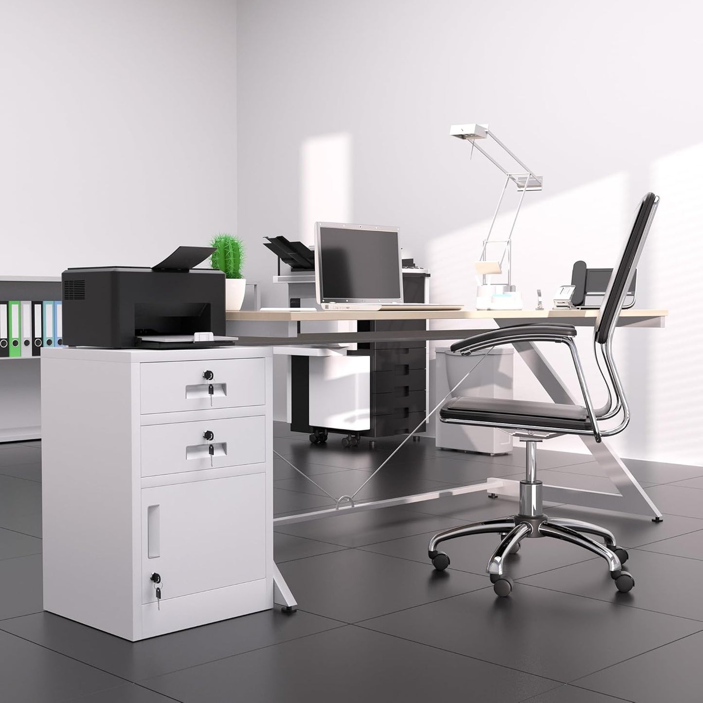 Metal Storage Cabinet with Locking Door and 2 Lockable Drawers for Home Office Bedroom Living Room (White)