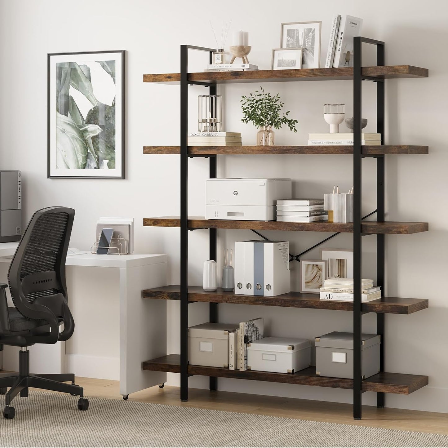 Heavy Duty 5-Tier Industrial Bookcase, 47" Wide Wood Bookshelf for Home Office, 120lbs Shelf Capacity, Rustic Open Shelving Display with Reinforced Horizontal Shelf for Living Room Bedroom