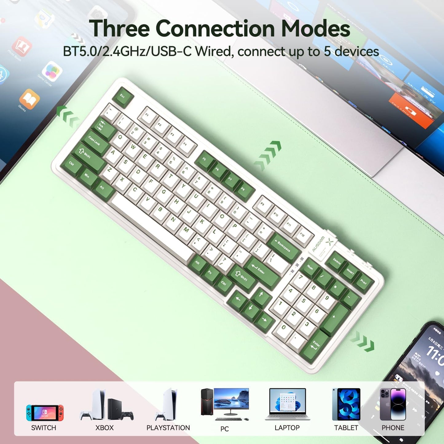 AUSDOM 98Pro Silent Mechanical Keyboard, Wireless Hot Swappable Gaming Keyboard with Backlit,Gasket Structure,Pre-lubed Tactile Switches,2.4GHz/Type-C/Bluetooth Custom Keyboards (Green & White-Silent)