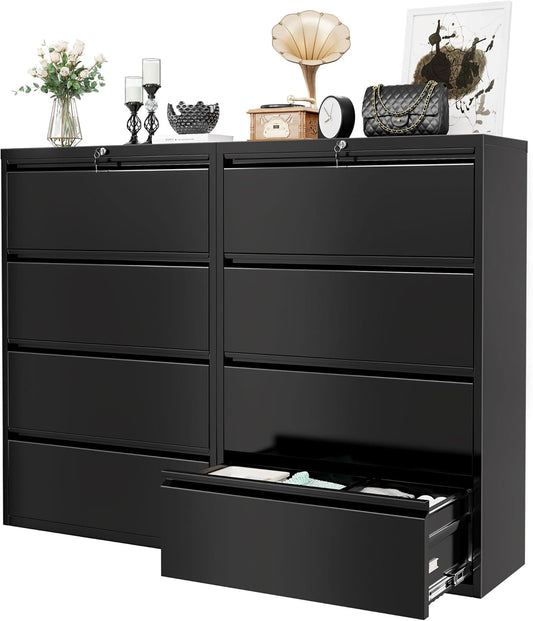Superday Lateral File Cabinet 4 Drawer Metal File Cabinet with Lock, Black Filing Cabinets for Home Office, Locking Filing Cabinets Hanging Files Letter/Legal/F4/A4