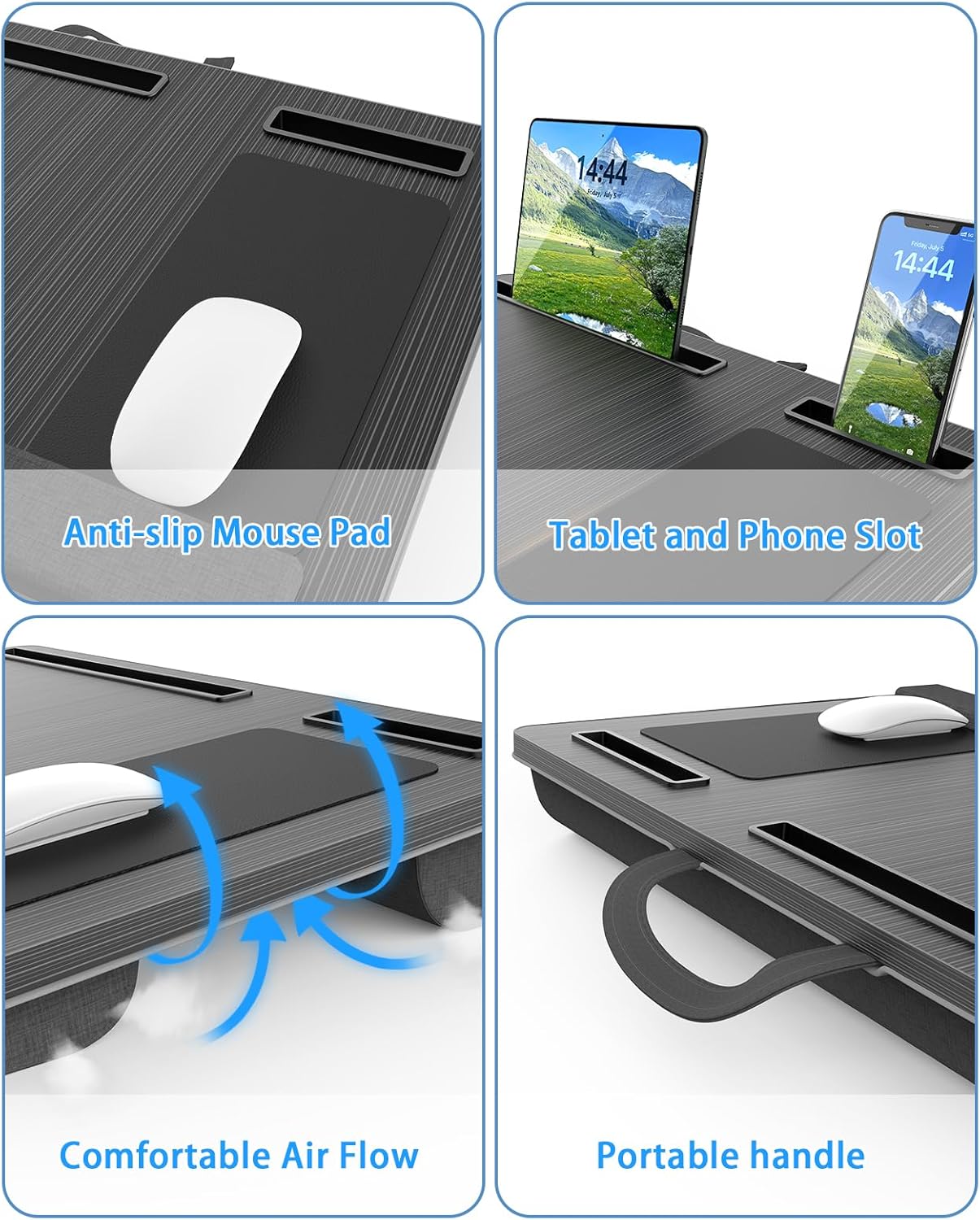 Laptop Lap Desk, Portable Large Laptop Desk for Bed, Up to 17 Inch Lap Pad Tray with Wrist Rest, Mouse Pad, Tablet Phone Slot, Portable Handle, Cushion (Black)