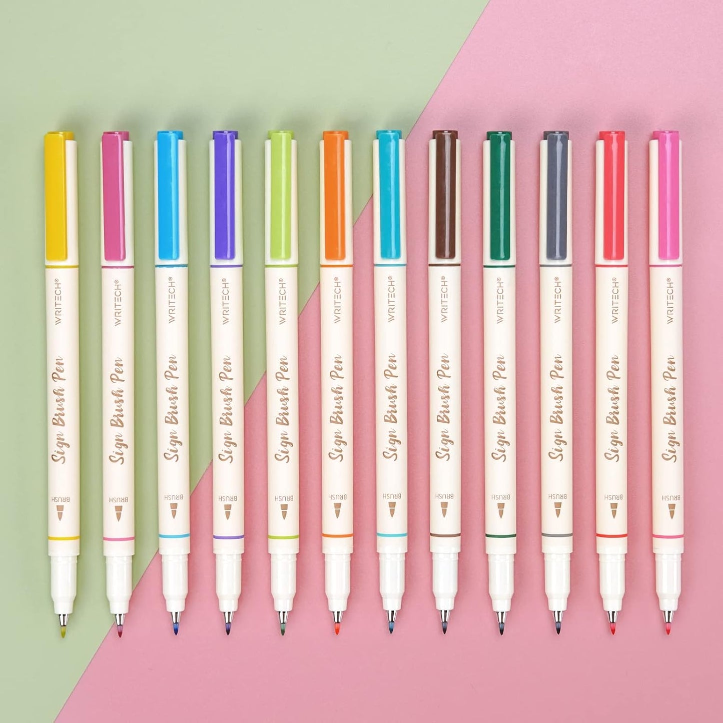 WRITECH Brush Tip Marker Pens: Artist Markers Flexible Tip Water Based 12ct Assorted Colors for Journaling Adult Coloring Hand Lettering Calligraphy Drawing Vibrant Colored