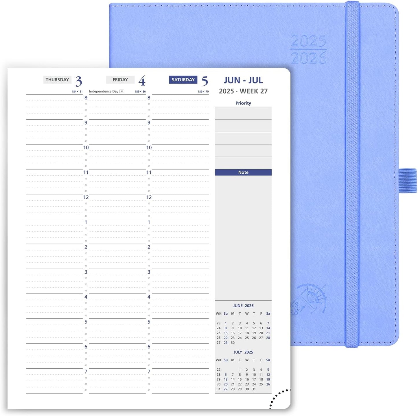 POPRUN Weekly Planner 2025-2026, 7.25'' x 8.5'', 15-Minute Hourly Appointment Book (July 2025-June 2026) with PU Leather Softcover, Monthly Tabs, Inner Pocket - Cornflower