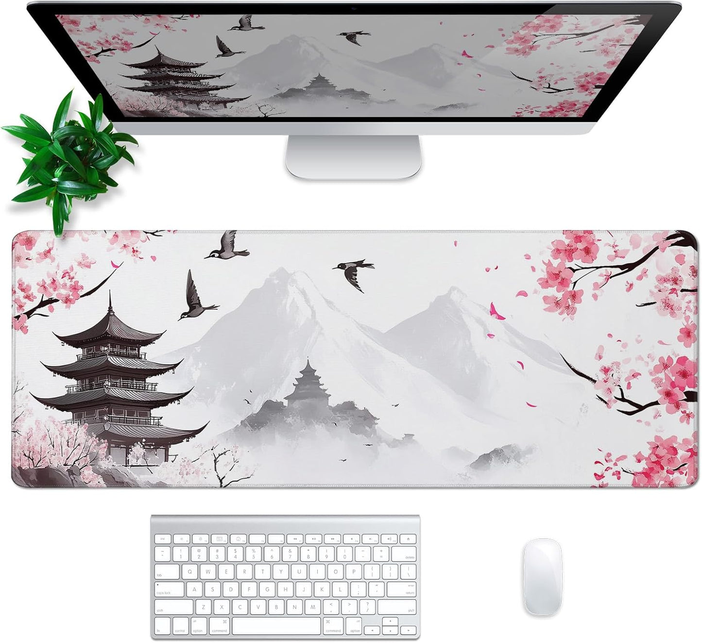 Retro Pagoda Cherry Blossom Watercolor Mouse Pad Abstract Big Mouse Pad 31.5x11.8 Inch Texture Non-Slip Rubber Base Large Mousepad Stitched Edges Keyboard Mouse Mat Desk Pad for Office and Home