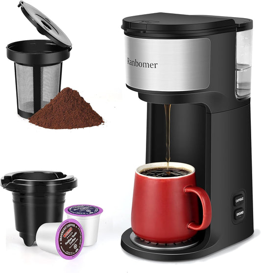 K Cup Coffee Maker, Single Serve coffee machine or Ground Coffee Machine 2 in 1, 6 to 14 Oz Brew Sizes, Mini One Cup Coffee Maker with Self cleaning Function, Fits Travel Mug, Black