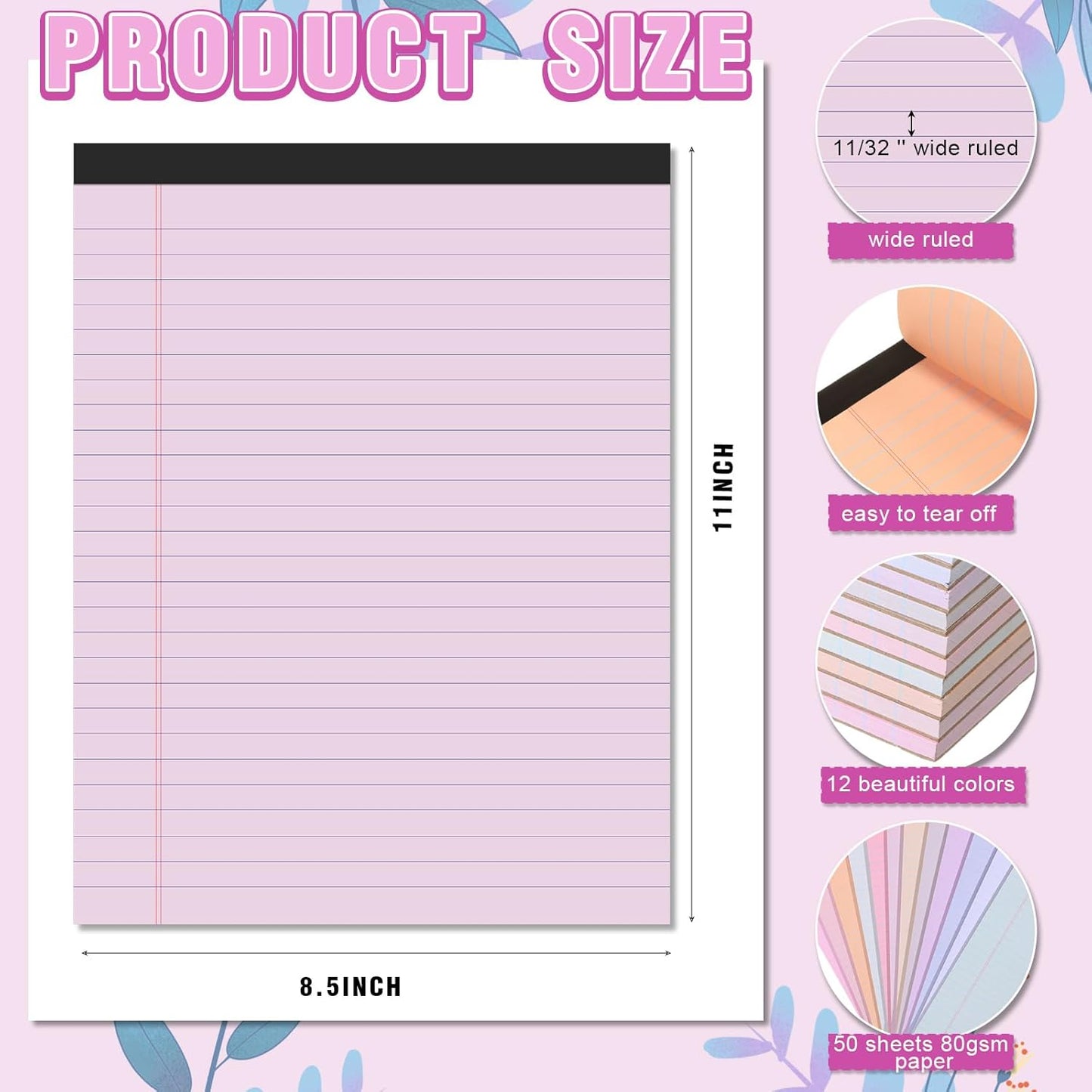 Lincia 12 Pcs Colored Legal Pad Writing Pads 8.5 x 11 Inch Wide Ruled 50 Sheets Per Notepad Micro Perforated Writing Notepad for School, College, Office, Business (Pastel Colors)