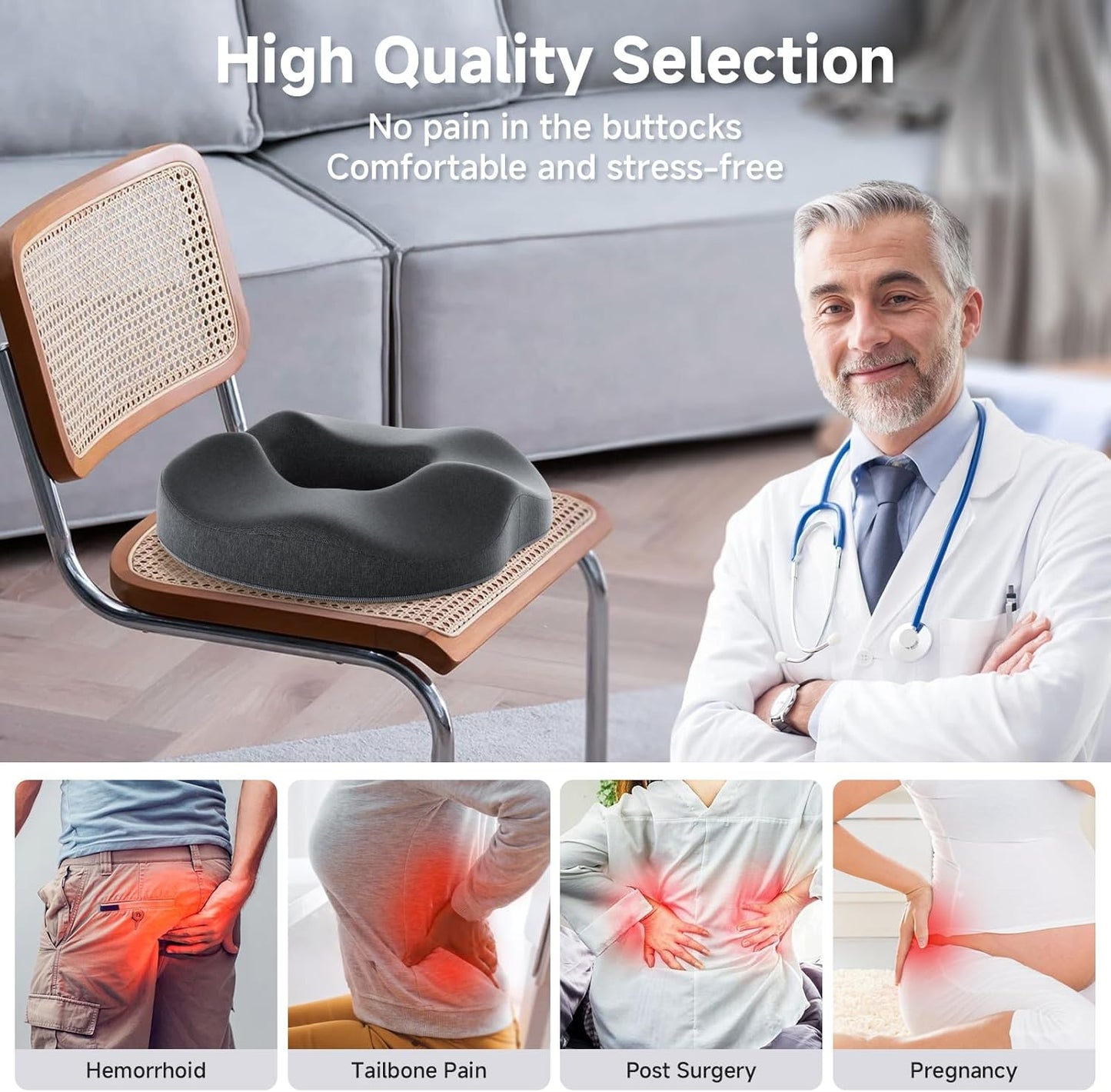 Benazcap Donut Pillow Seat Cushion Hemorrhoid Pillow for Sciatica & Tailbone Pain Relief, Memory Foam Cushion by Ergonomic for Coccyx, Sciatica, Pregnancy, Postpartum- Darkgray