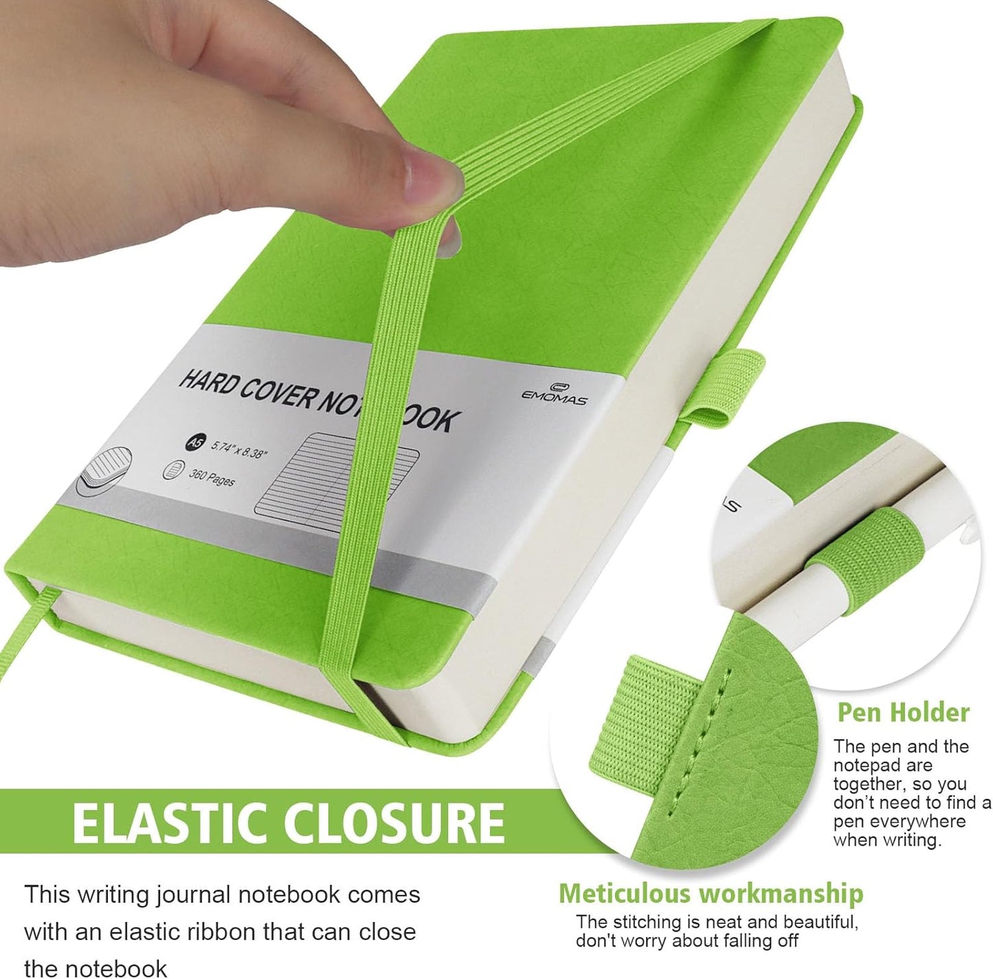 Lined Journal Notebook, 360 Numbered Pages(With page number), Thick Journal for Writing A5 College Ruled Notebook, 100gsm Lined Paper, Leather Hardcover, 5.75'' X 8.38''-1 Pack, Grass Green