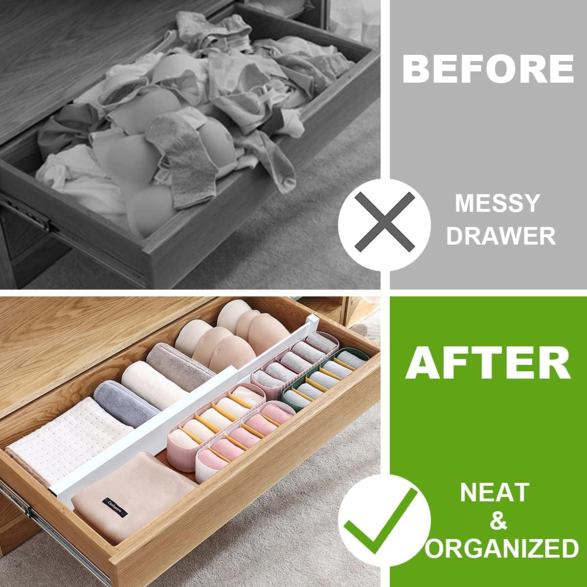 ANTOWIN Expandable Bamboo Drawer Dividers, Drawer Separators,17-22 inches Adjustable Spring-loaded Organizer for Large Utensil, Clothes, Tools Drawers, 6Pack (White)